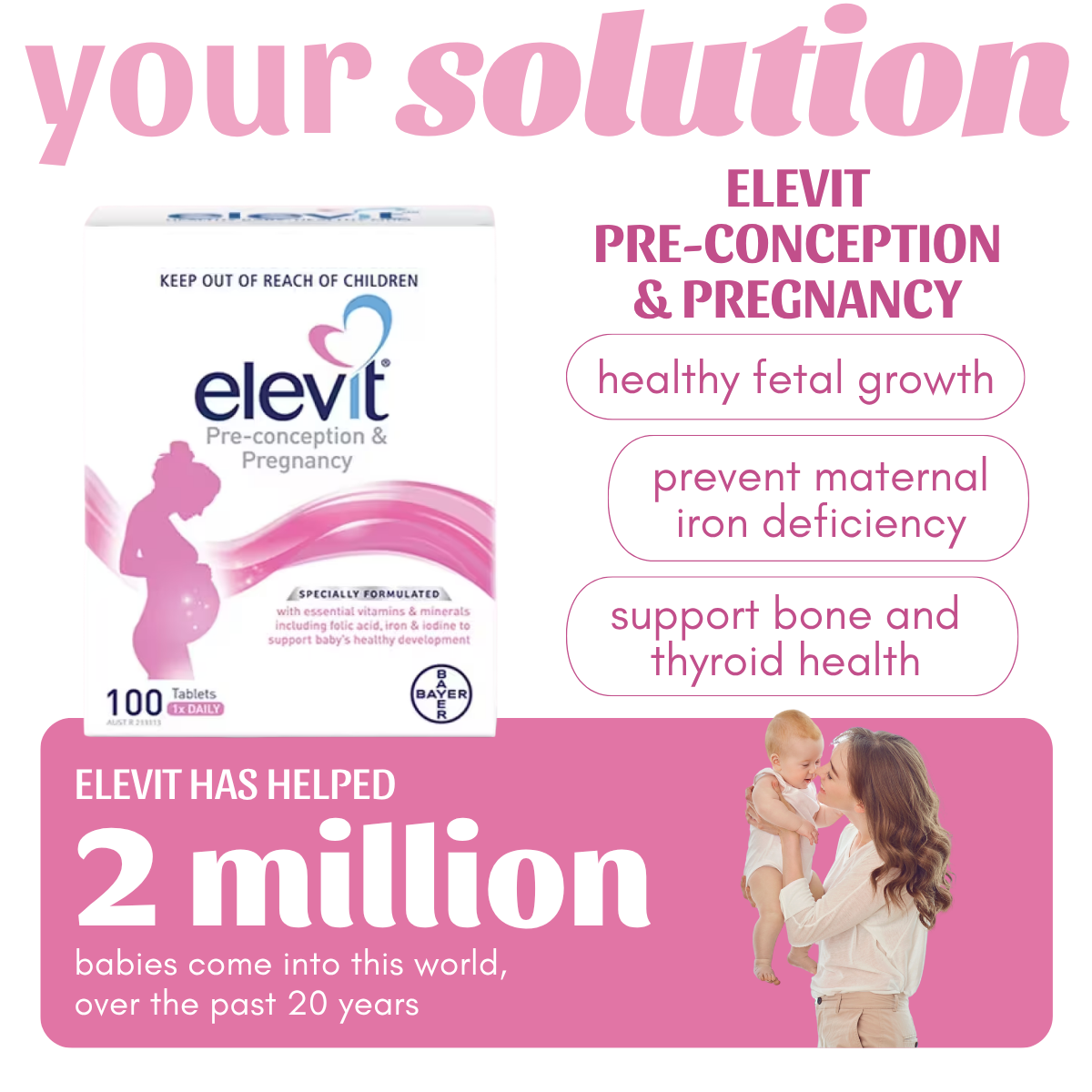 Elevit, Pre-conception & Pregnancy Multivitamin, High Folic Acid, Iron ...