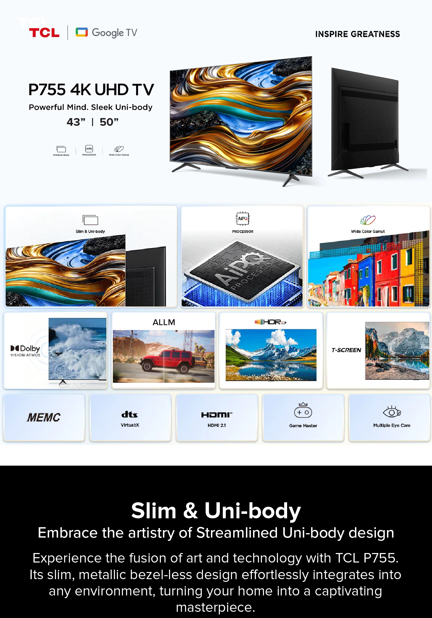 2024 TCL P755 AI Smart TV Eye Care Version 4K TV 43 inch Google TV