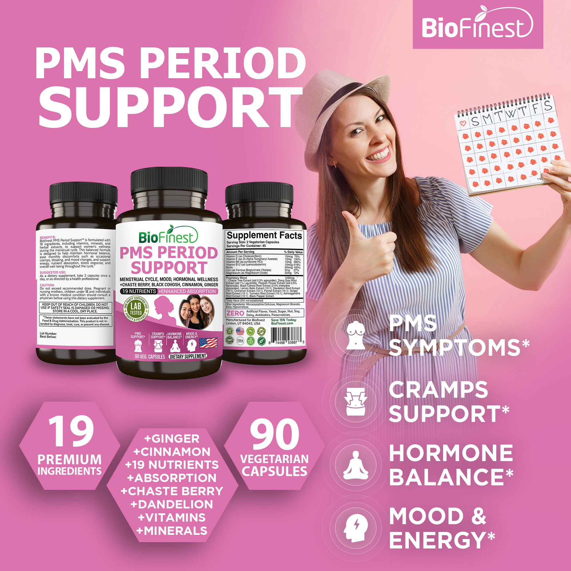 Biofinest PMS Period Support Supplement - Vitamins Menstrual Cycle Mood ...