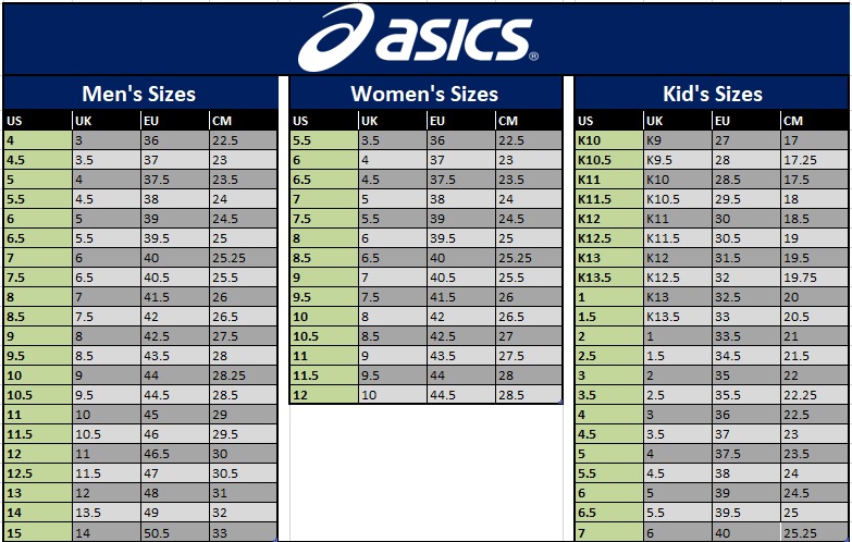 Asics shoe chart deals