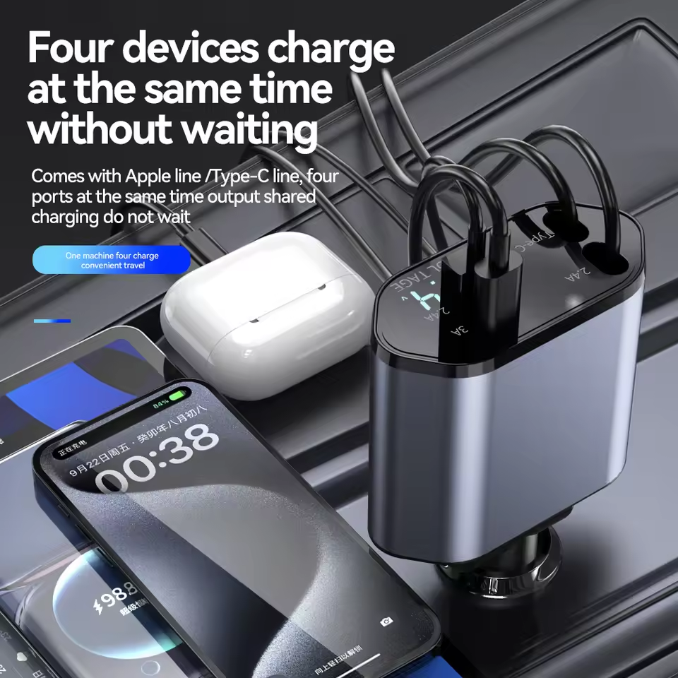 120W 4 In 1 Super Fast Charging Car Charger 2 Extendable Cable Cords ...