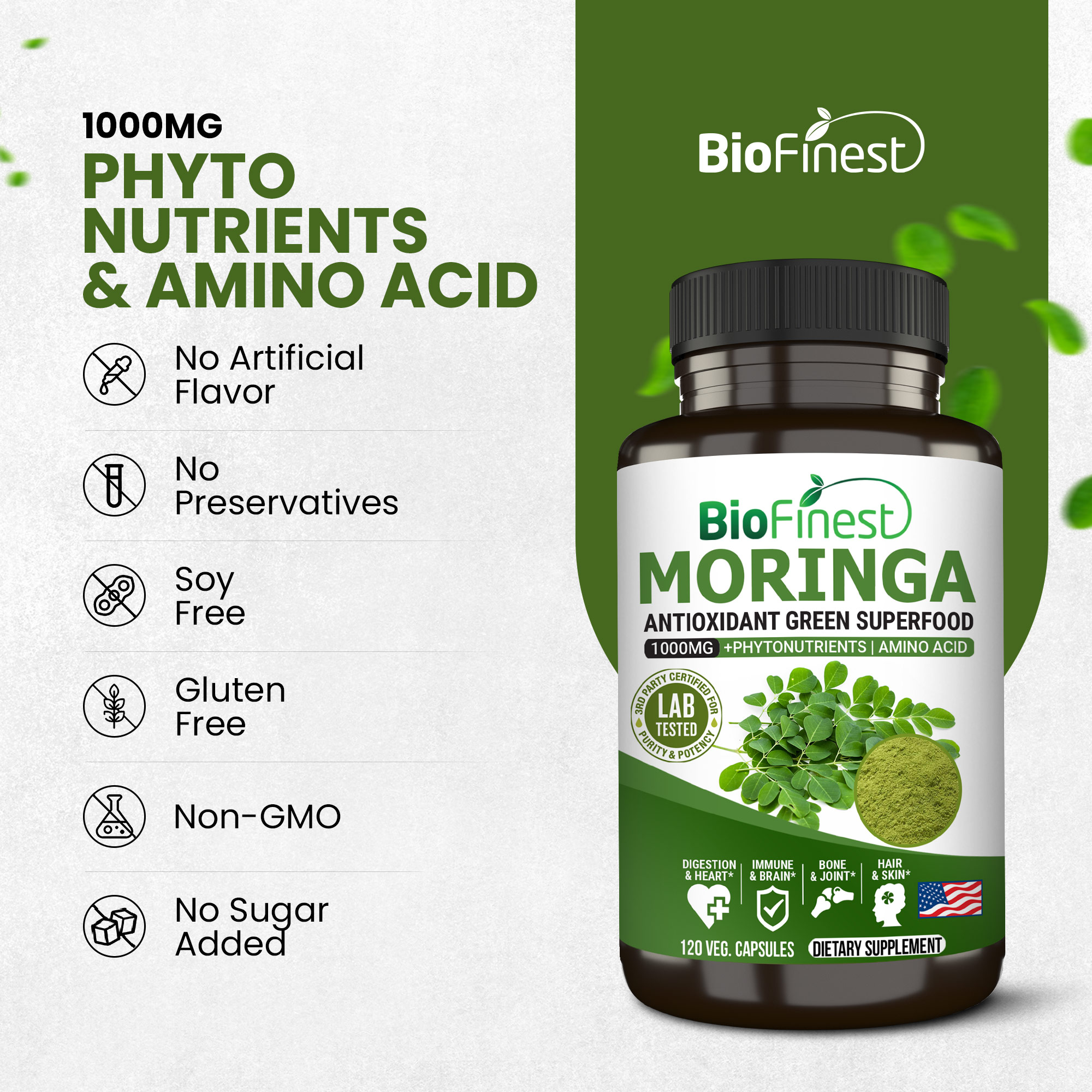 Biofinest Moringa Leaf 1000mg Supplement - Antioxidant Superfood Powder ...