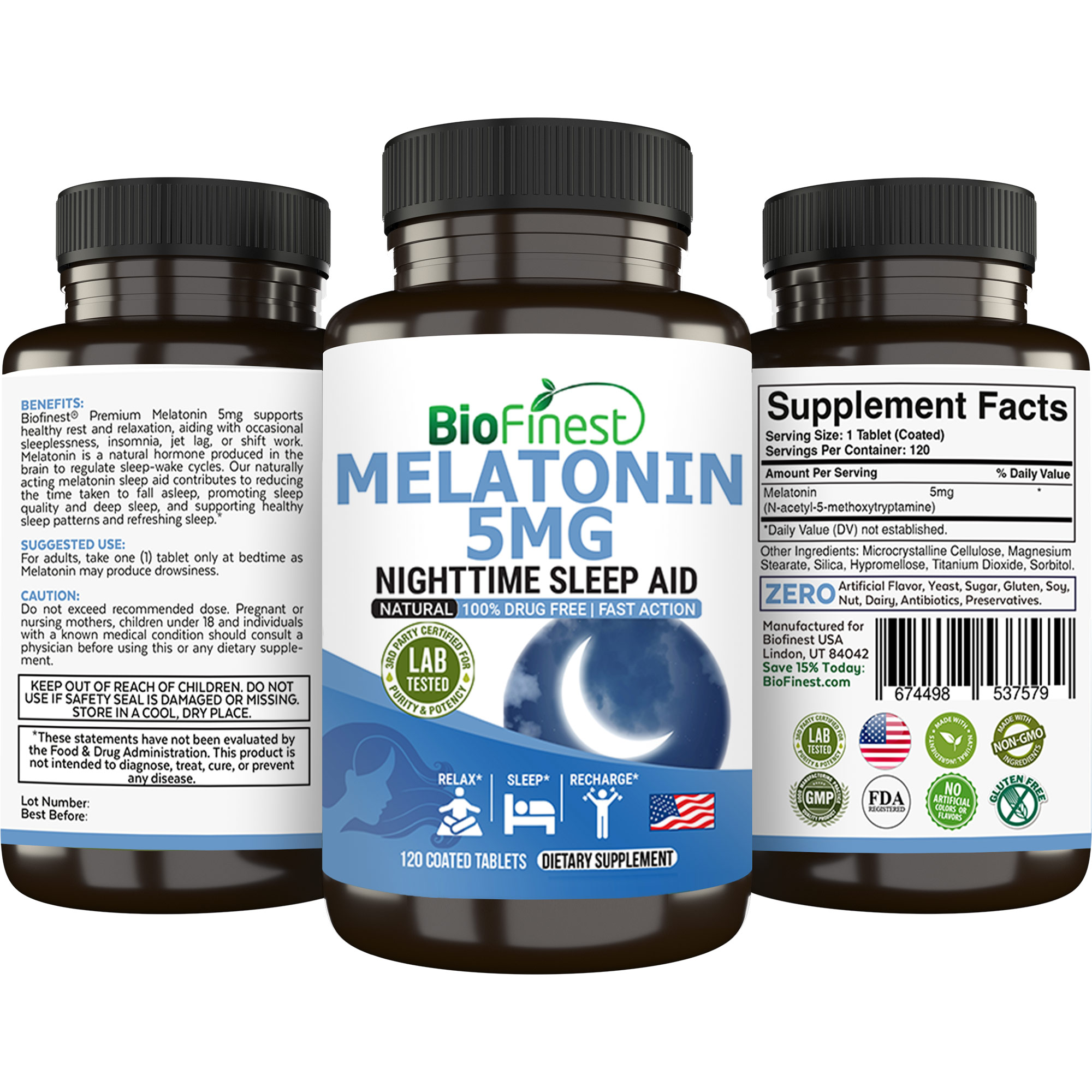 Biofinest Melatonin 5mg Supplement - Fast Action Natural Nighttime ...