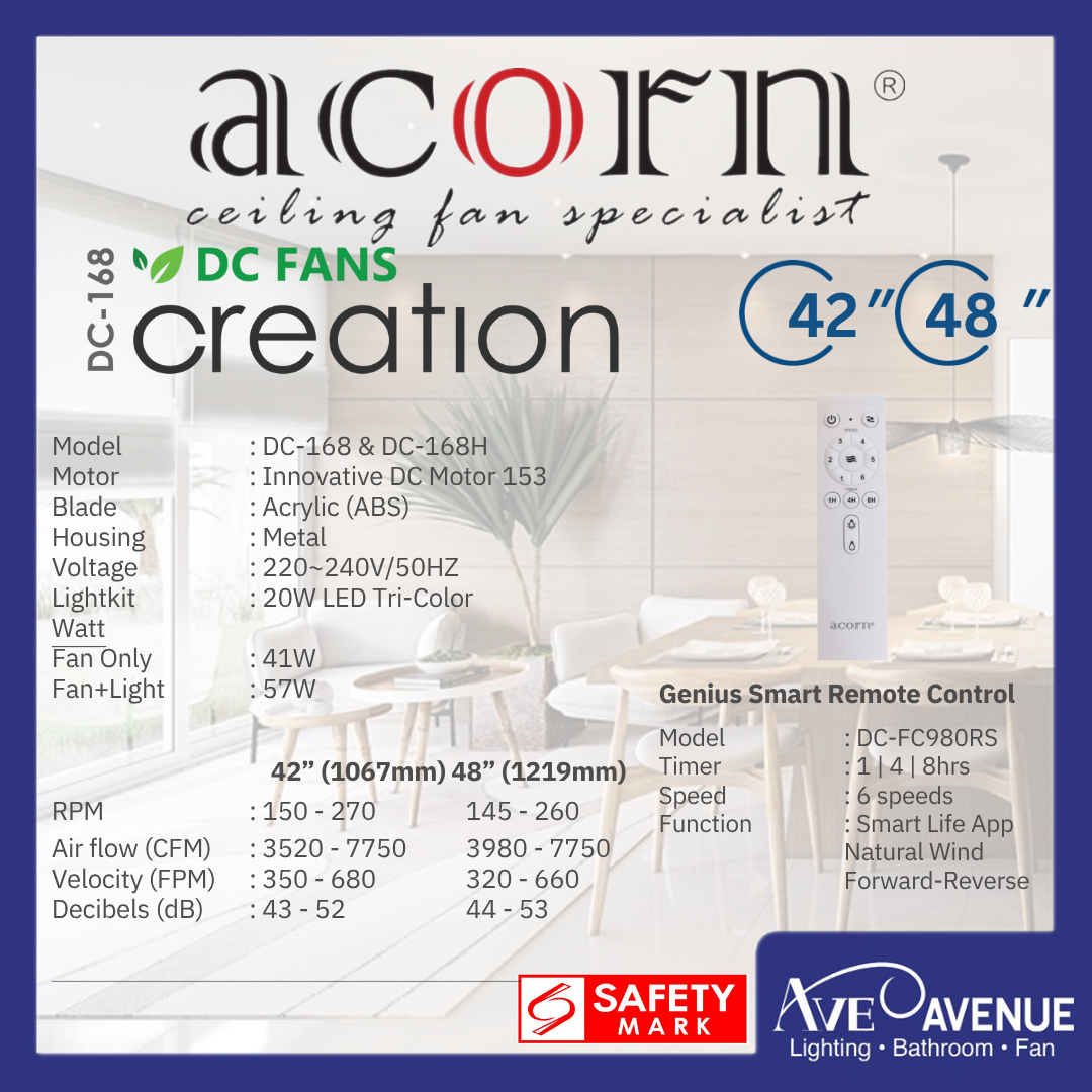 ACORN Creation DC-168 LED DC Motor 3 Blade 42 / 48 Inch Ceiling Fan ...