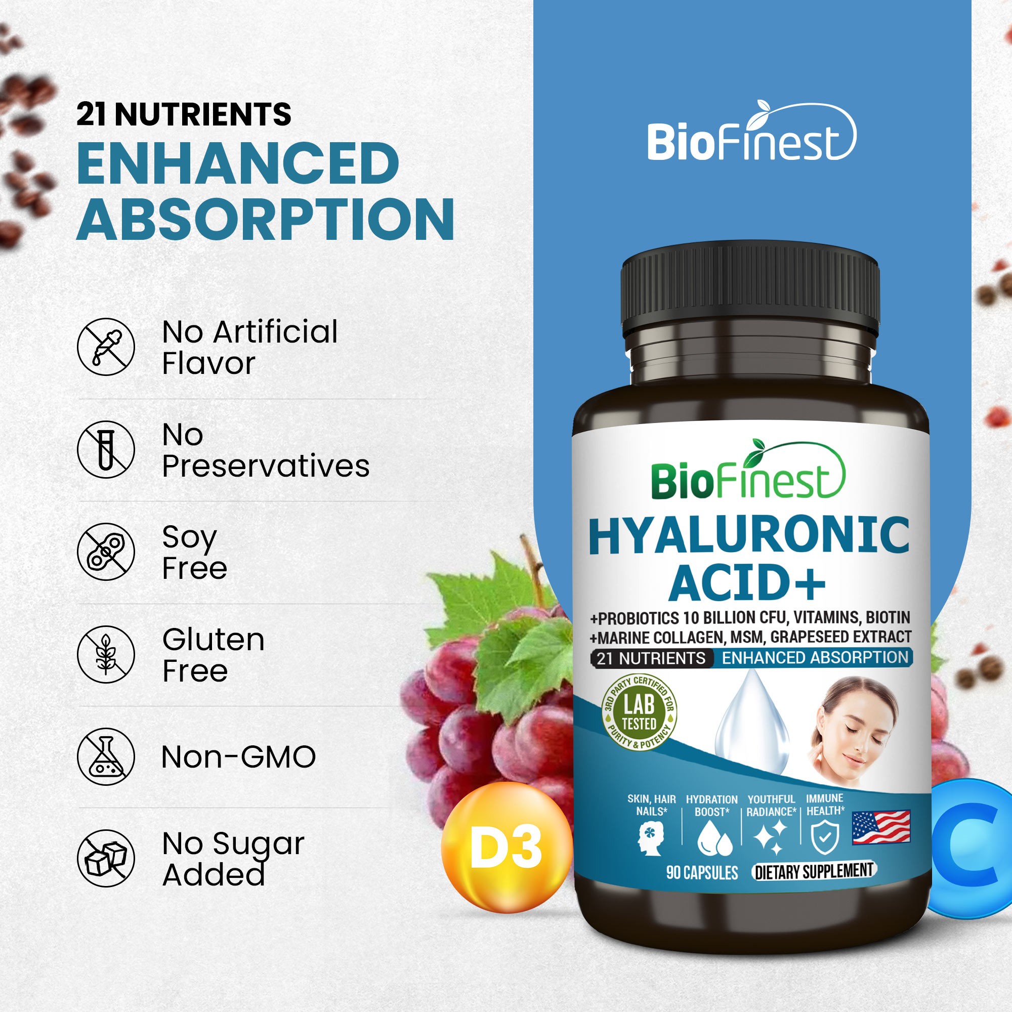 Biofinest Hyaluronic Acid+ Supplement 21-in-1 Probiotic Marine Collagen ...