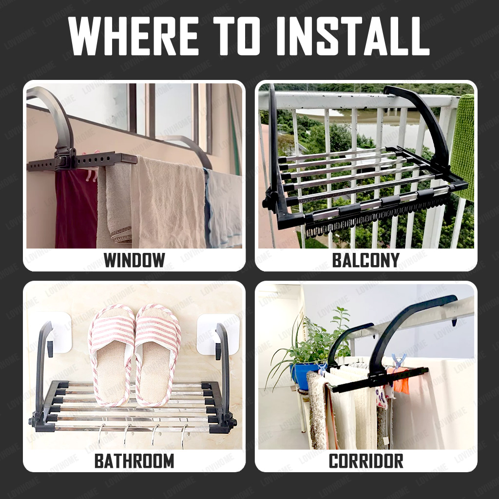 SG Clothes Drying Rack Balcony - Stainless Steel Foldable Towel Laundry ...