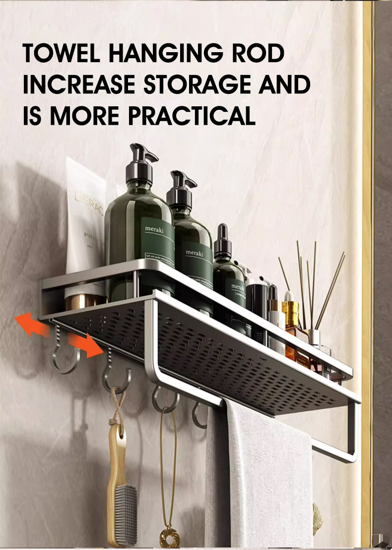 HXR 2-Tier Aluminum Bathroom Storage Rack Wall Mounted | With Hooks ...