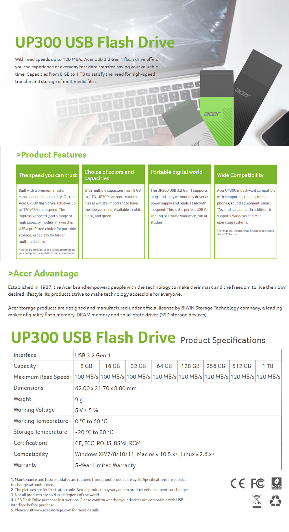 UP300 Acer USB Flash Drive | 512GB/1TB Storage | Up to 120 MB/s Speed ...
