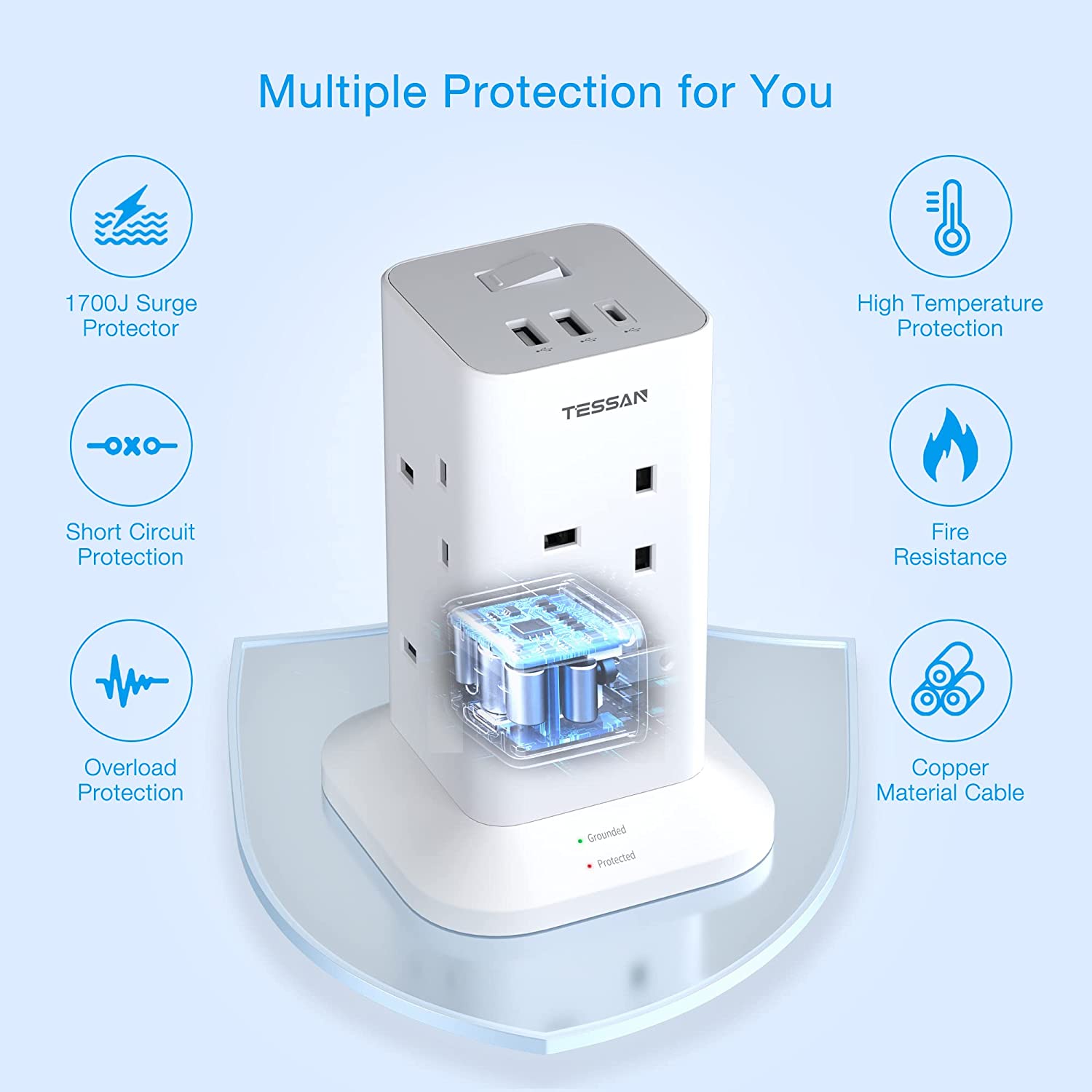 TESSAN - SG Safety Mark, Tower Extension Socket with USB & Type C ...