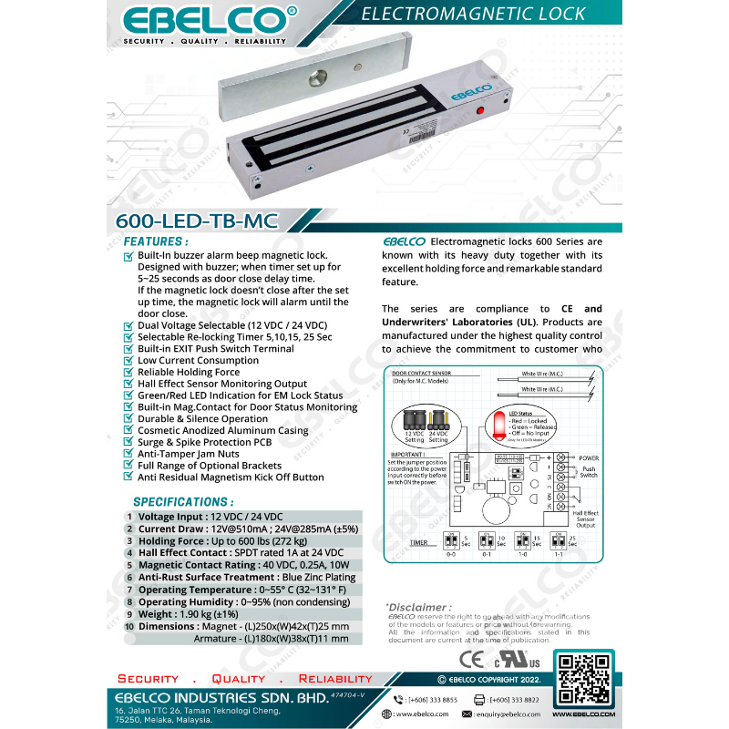 EBELCO Electromagnetic EM Lock 600LED-TB-MC Built in Buzzer Alarm ...