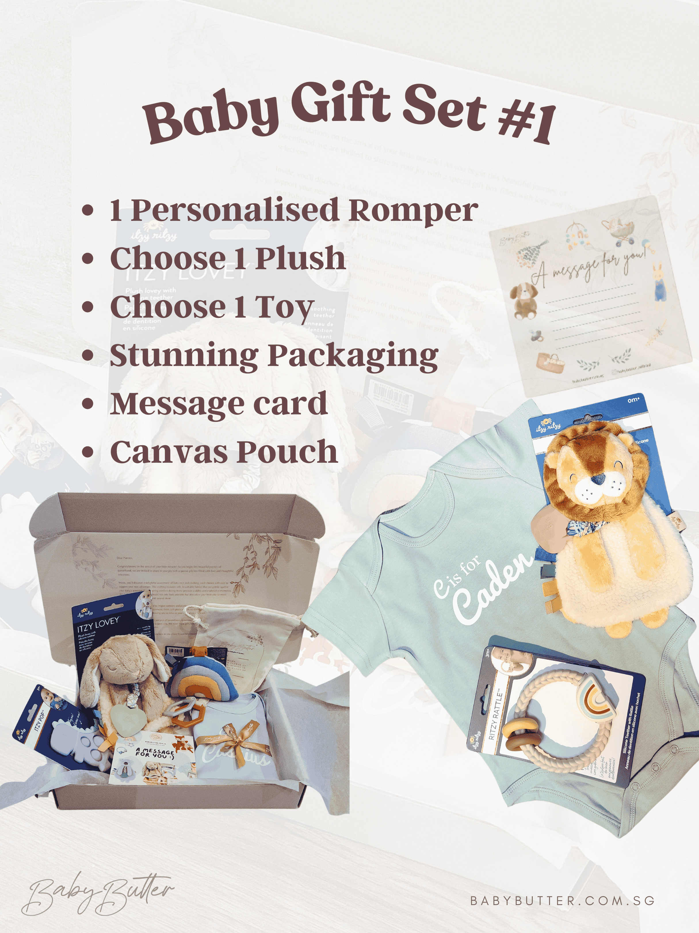 CUSTOM BABY GIFT HAMPER Personalised Rompers + Toys + Message Card ...