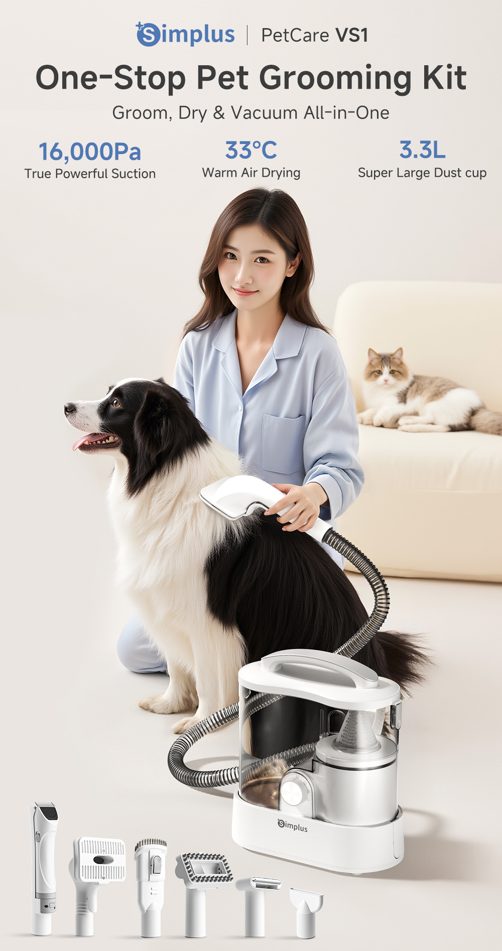 Simplus Pet Grooming Vacuum | 6 Brush Tools | 16,000Pa Suction | 33 ...