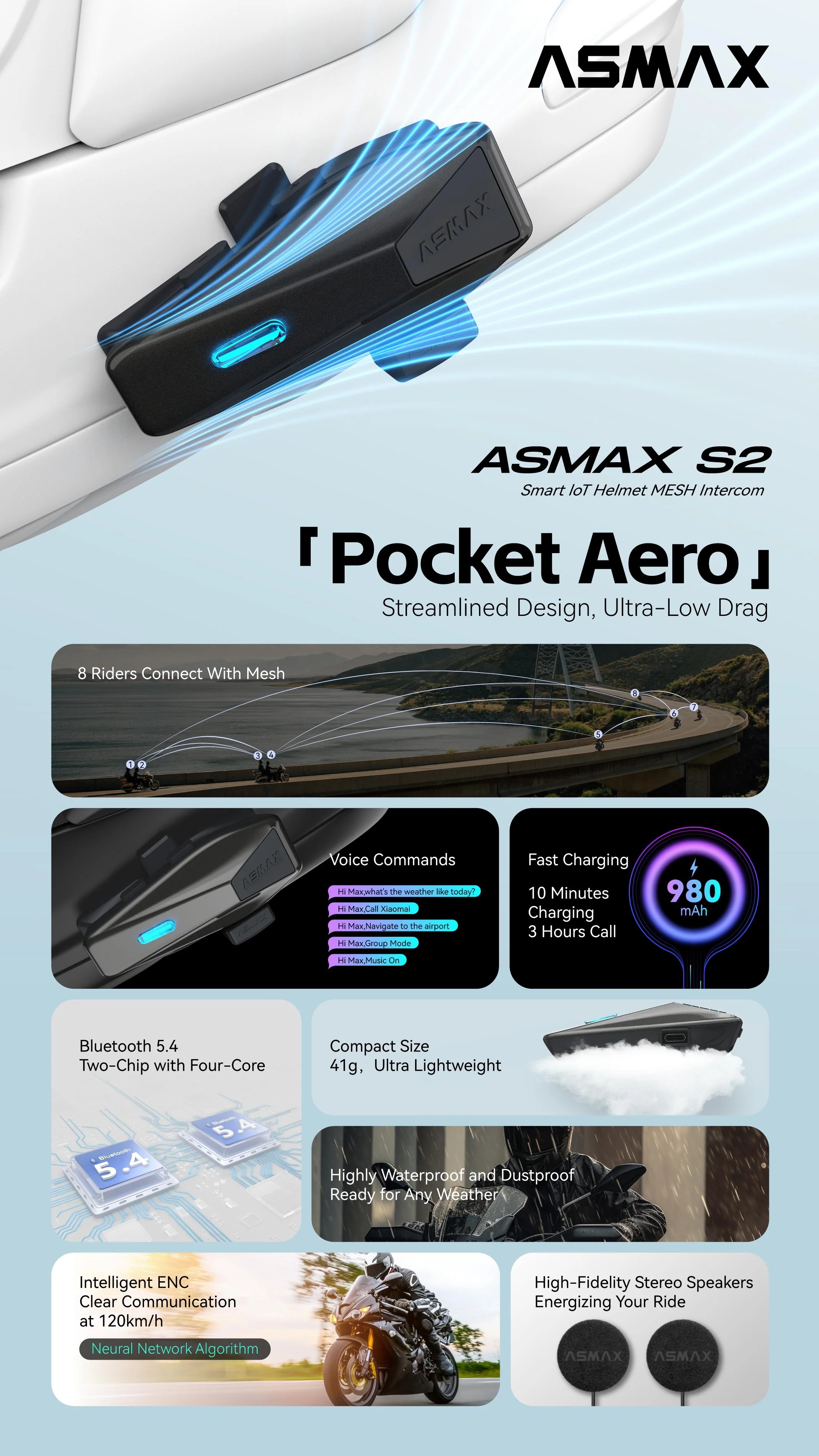 ASMAX S2 Bluetooth Helmet Intercom System 8 Rider Mesh Intercom SG ...