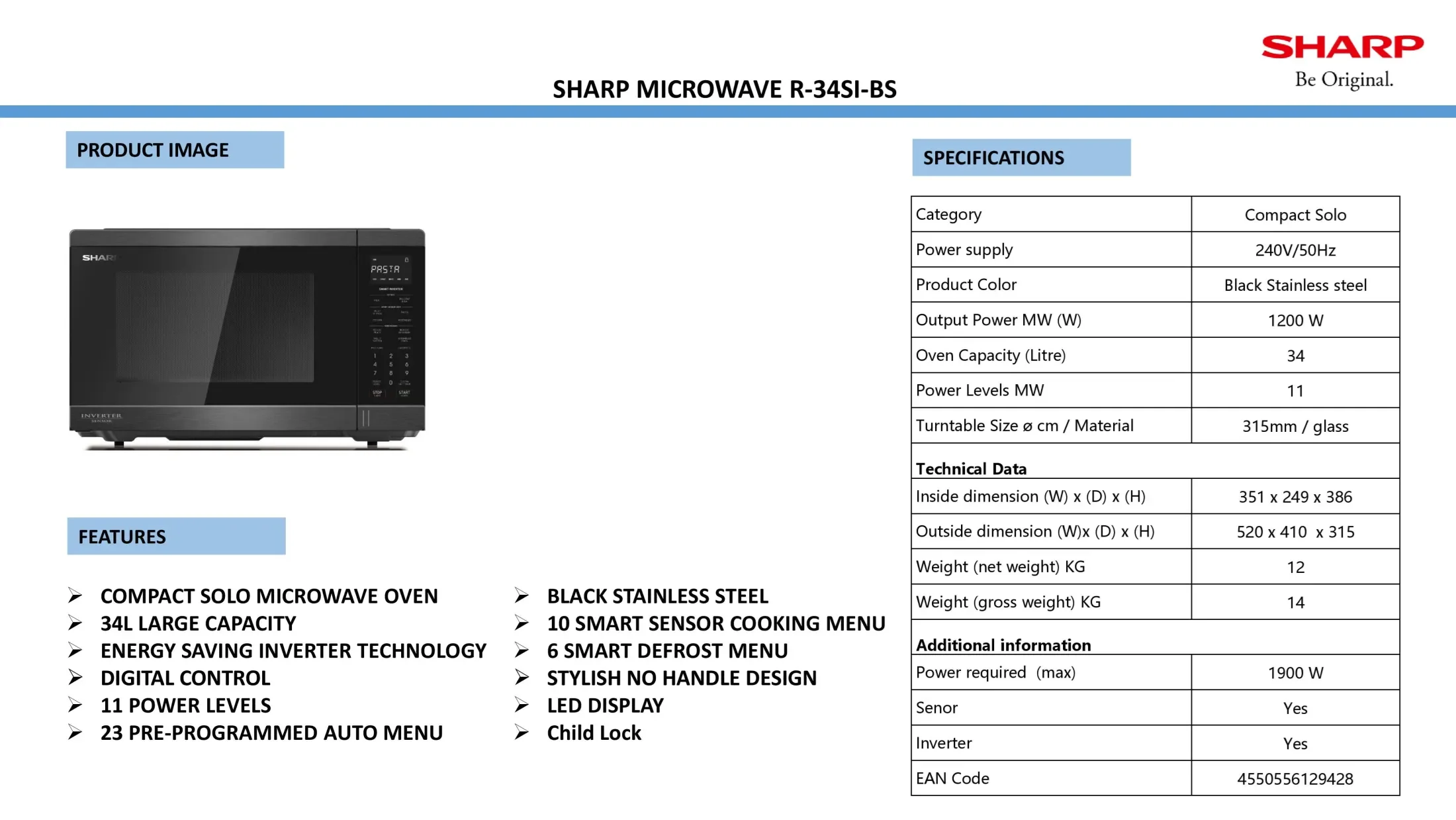 SHARP R-34SI-BS | R-34SI-W 34L BLACK / WHITE COUNTER TOP INVERTER ...