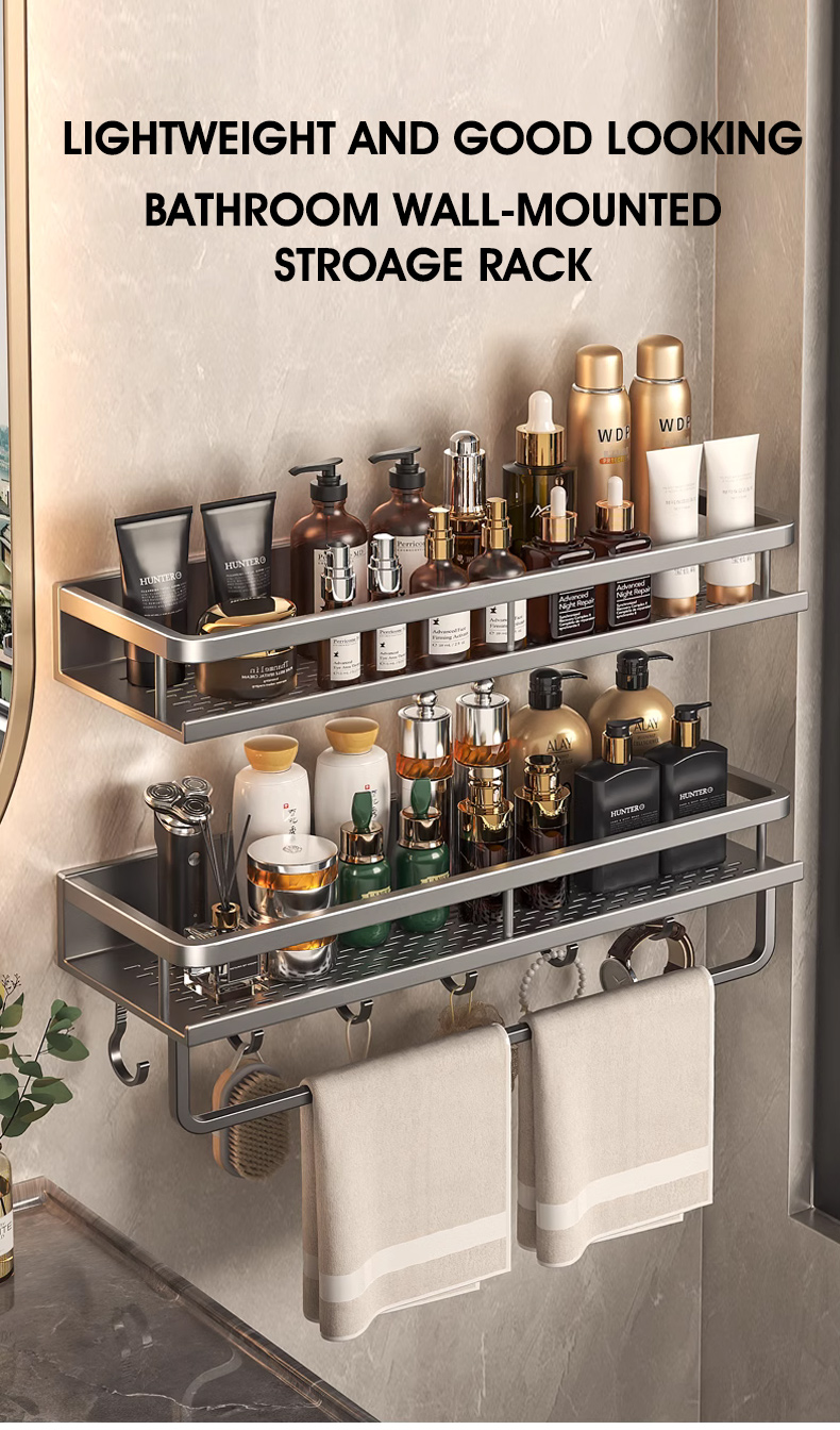 HXR 2-Tier Aluminum Bathroom Storage Rack Wall Mounted | With Hooks ...
