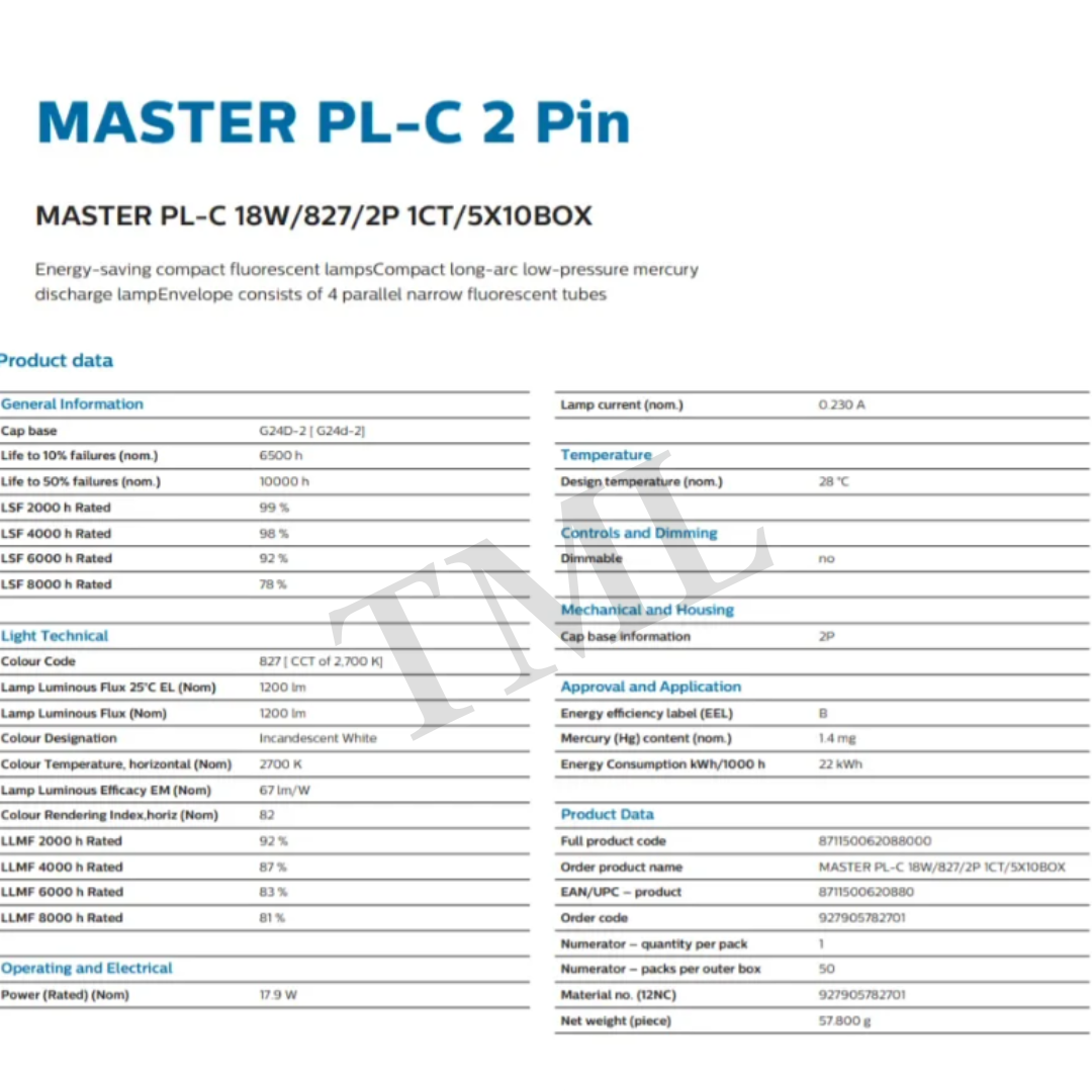 Philips Master PL-C / PLC 2 Pin 2P 13W 18W Light Tube 827 830 840 865 ...