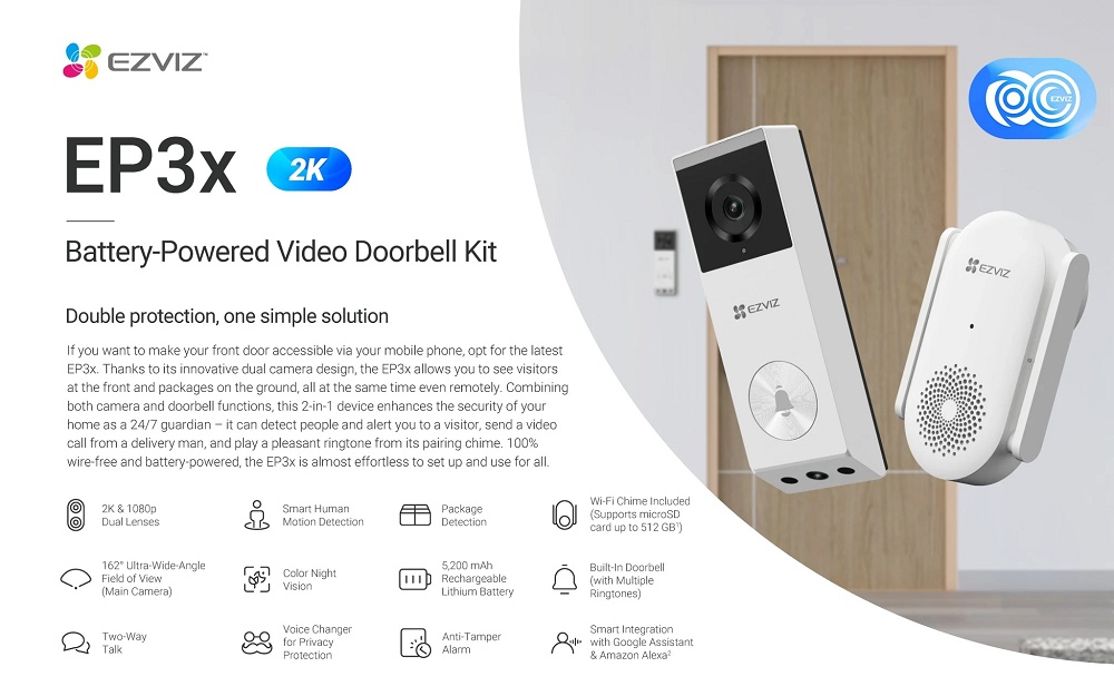 EZVIZ EP3x Video Doorbell Camera Dual Camera 2K 3MP + 2MP CCTV Wireless ...