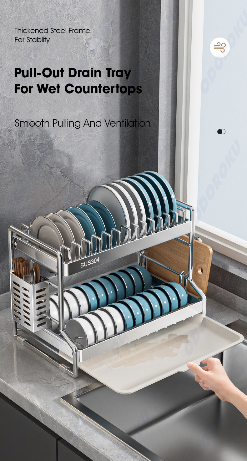 ODOROKU 2/3 Tier 304 Stainless Steel Dish Rack with Utensils Holder and ...