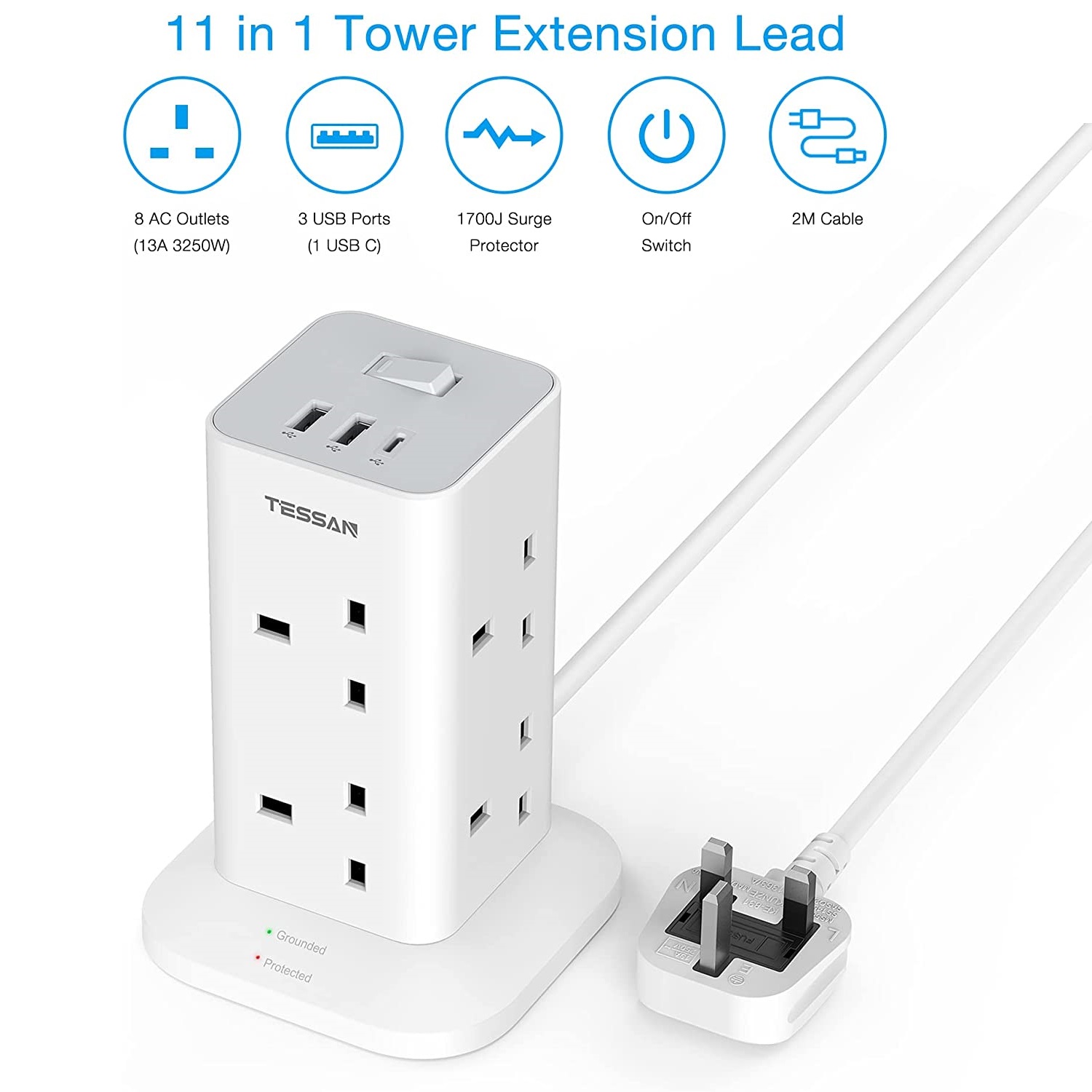 TESSAN - SG Safety Mark, Tower Extension Socket with USB & Type C ...