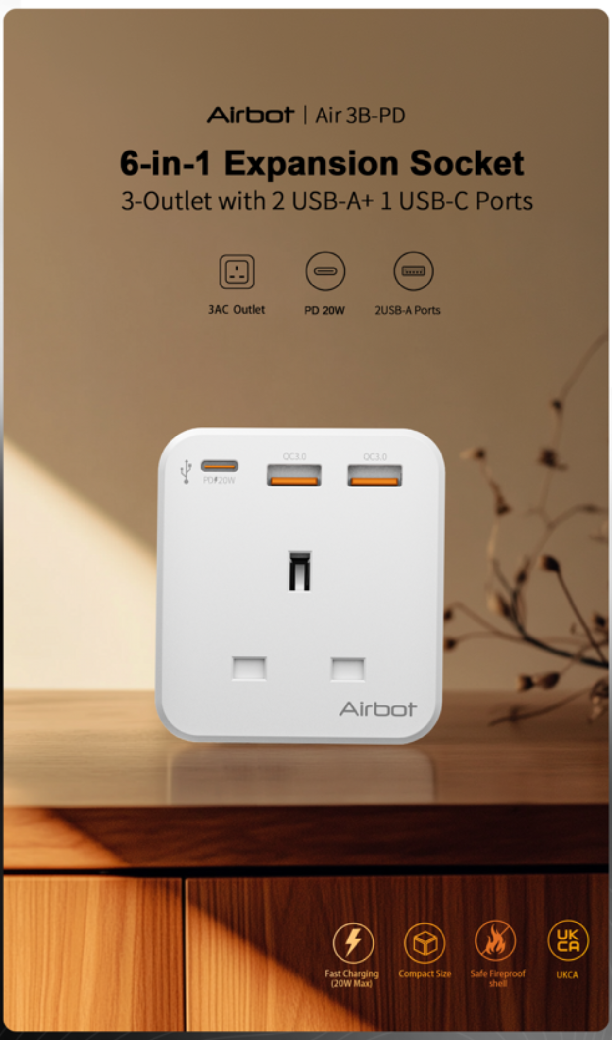 Airbot Air 3B-PD Extension Socket 3250W 3 Outlets Socket Multi Power ...