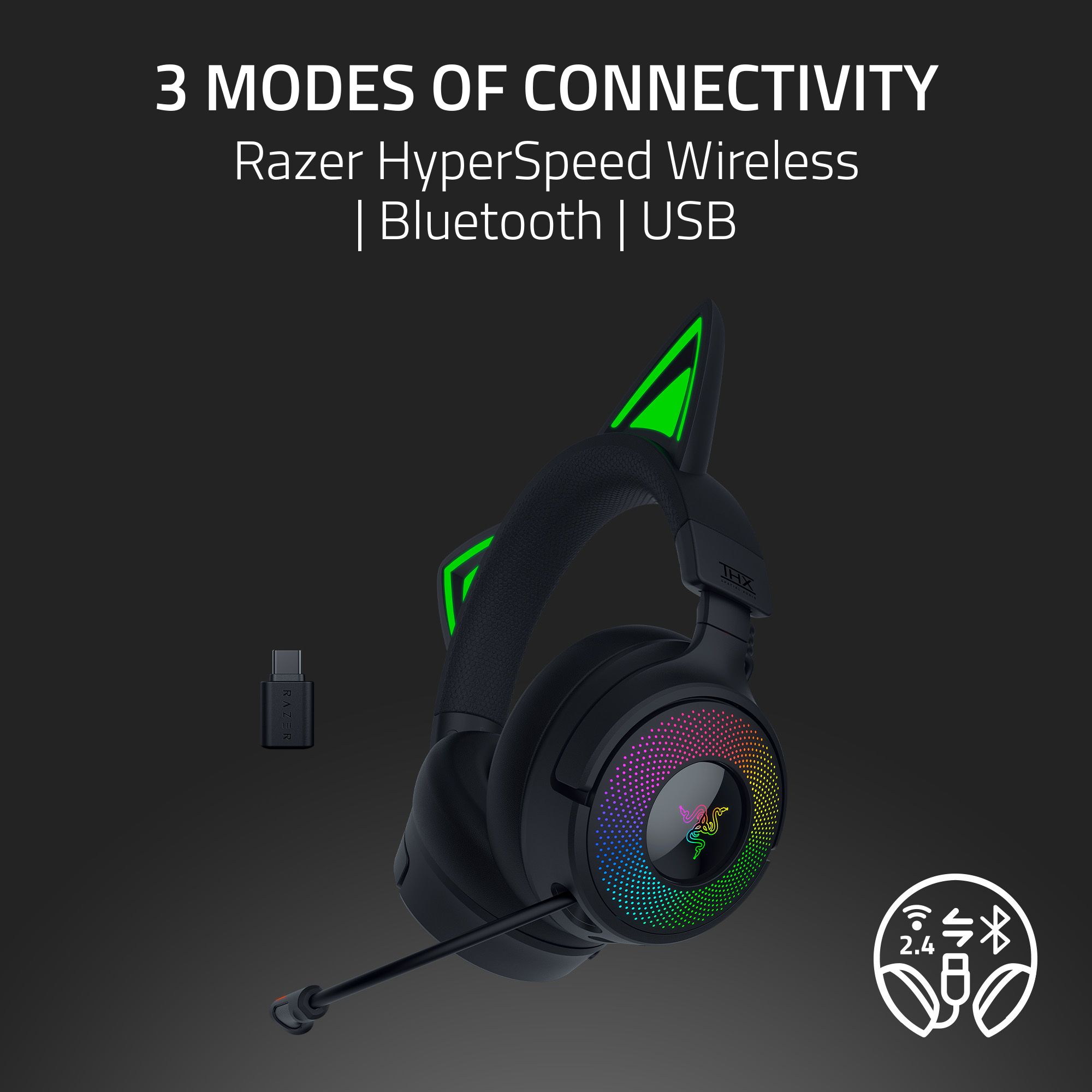 Razer Kraken Kitty V3 Pro - Wireless RGB Headset with Kitty Ears Black ...