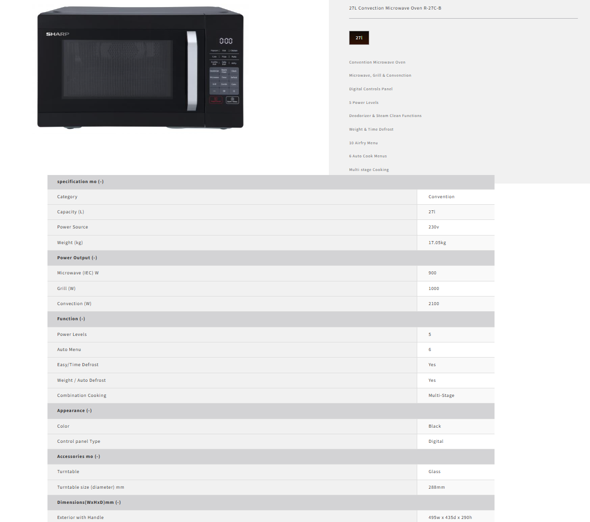 SHARP R-27C-B 27L BLACK CONVECTION MICROWAVE OVEN | Shopee Singapore