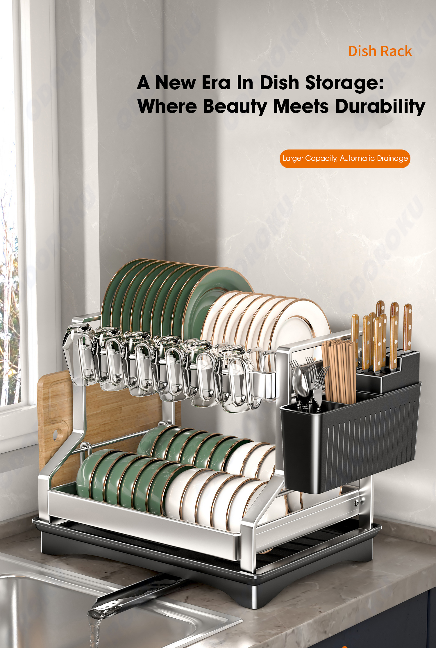 ODOROKU Stainless Steel 2 Tier Dish Rack with Drainer Cup Holder ...