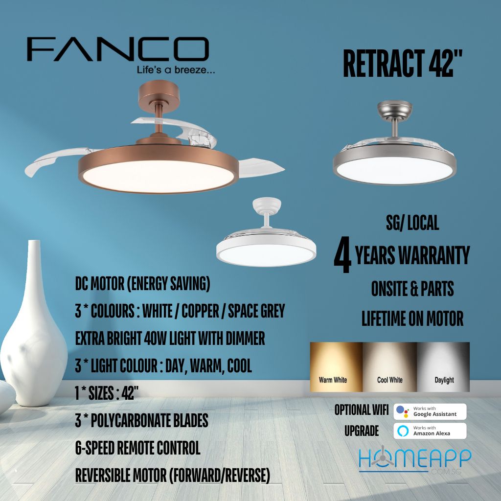 Fanco RETRACT Ceiling fan 42 inch retractable blades with 40W dimmable ...