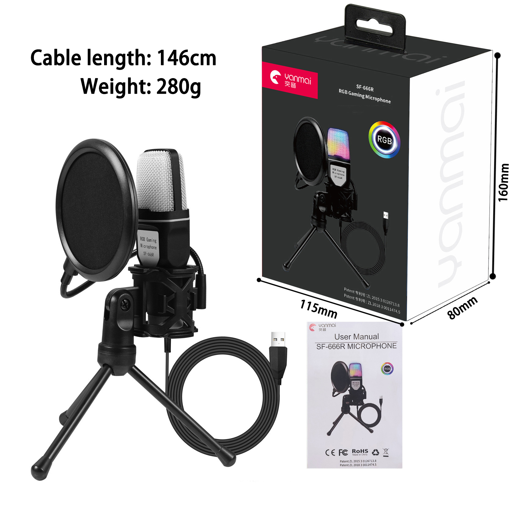 Condenser Wire RGB Microfone Omnidirectional Portable USB Microphone ...