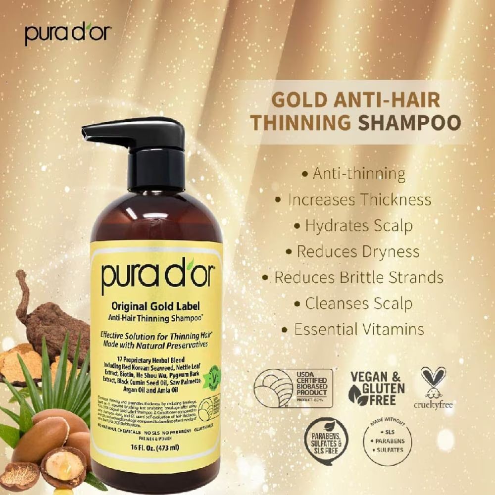 PURA D'OR Original Gold Label Anti-Hair Thinning Shampoo (Made with ...