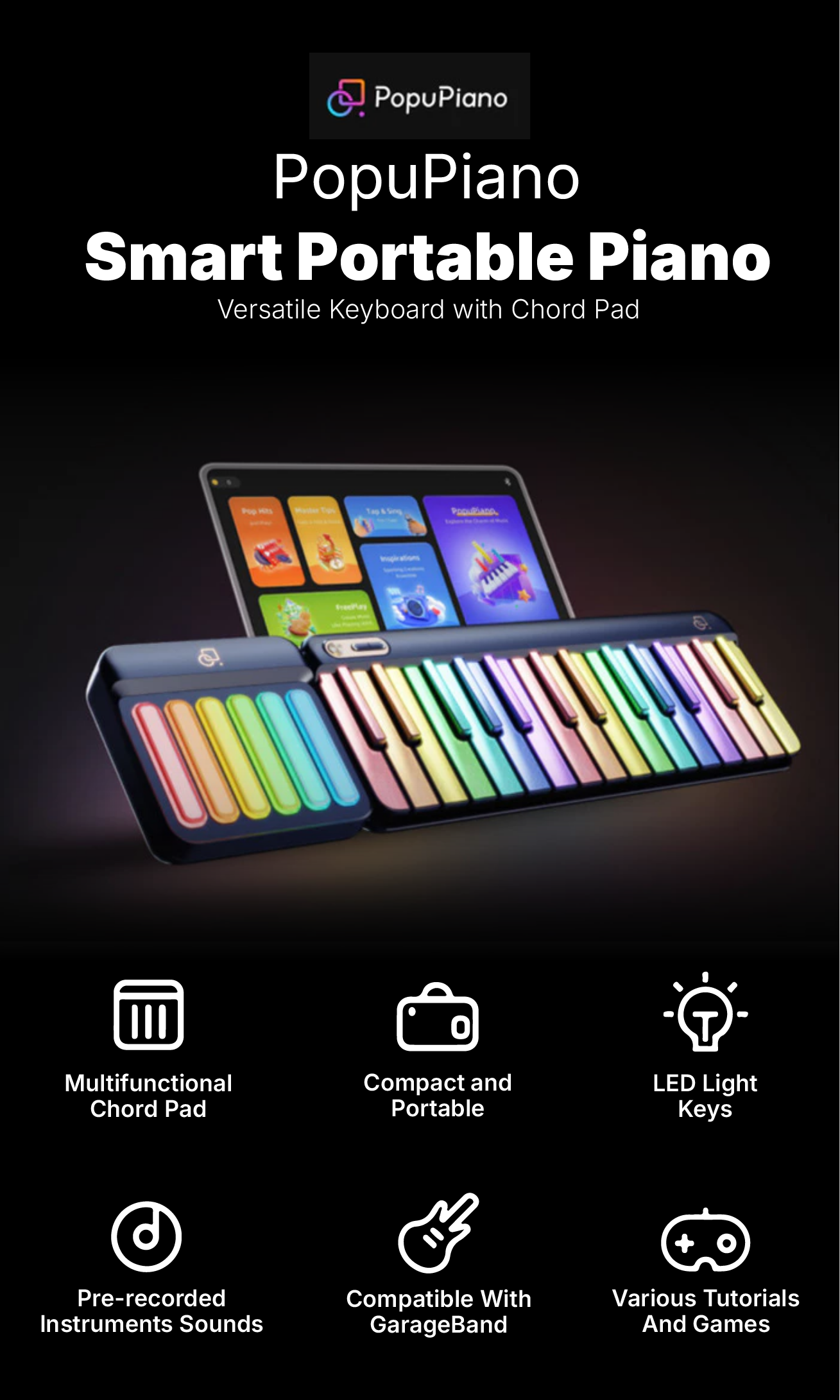 PopuPiano Smart Portable Piano - LED Light Keys Digital Keyboard Music ...