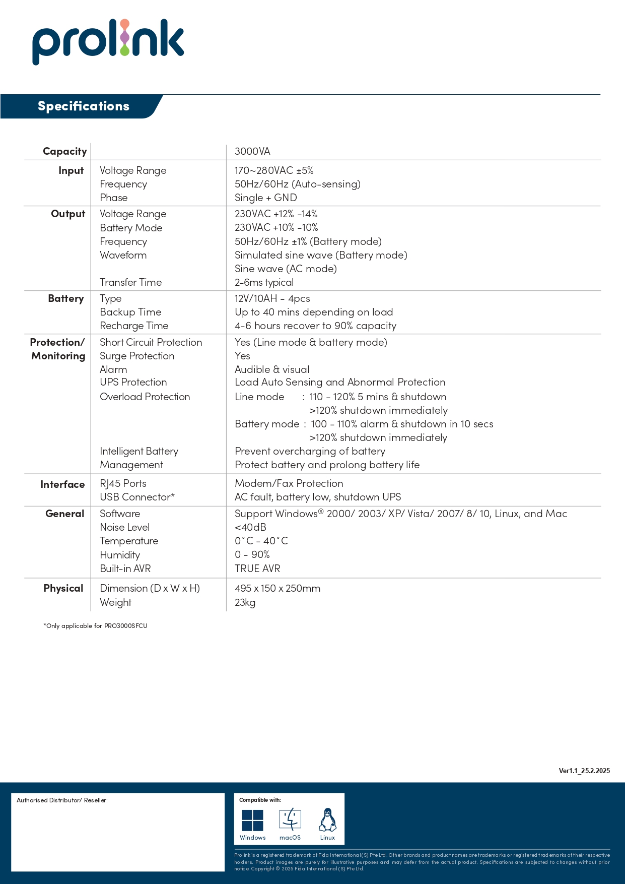 Prolink 650VA 850VA 1200VA 1500VA 2000VA 3000VA UPS Power Backup with ...