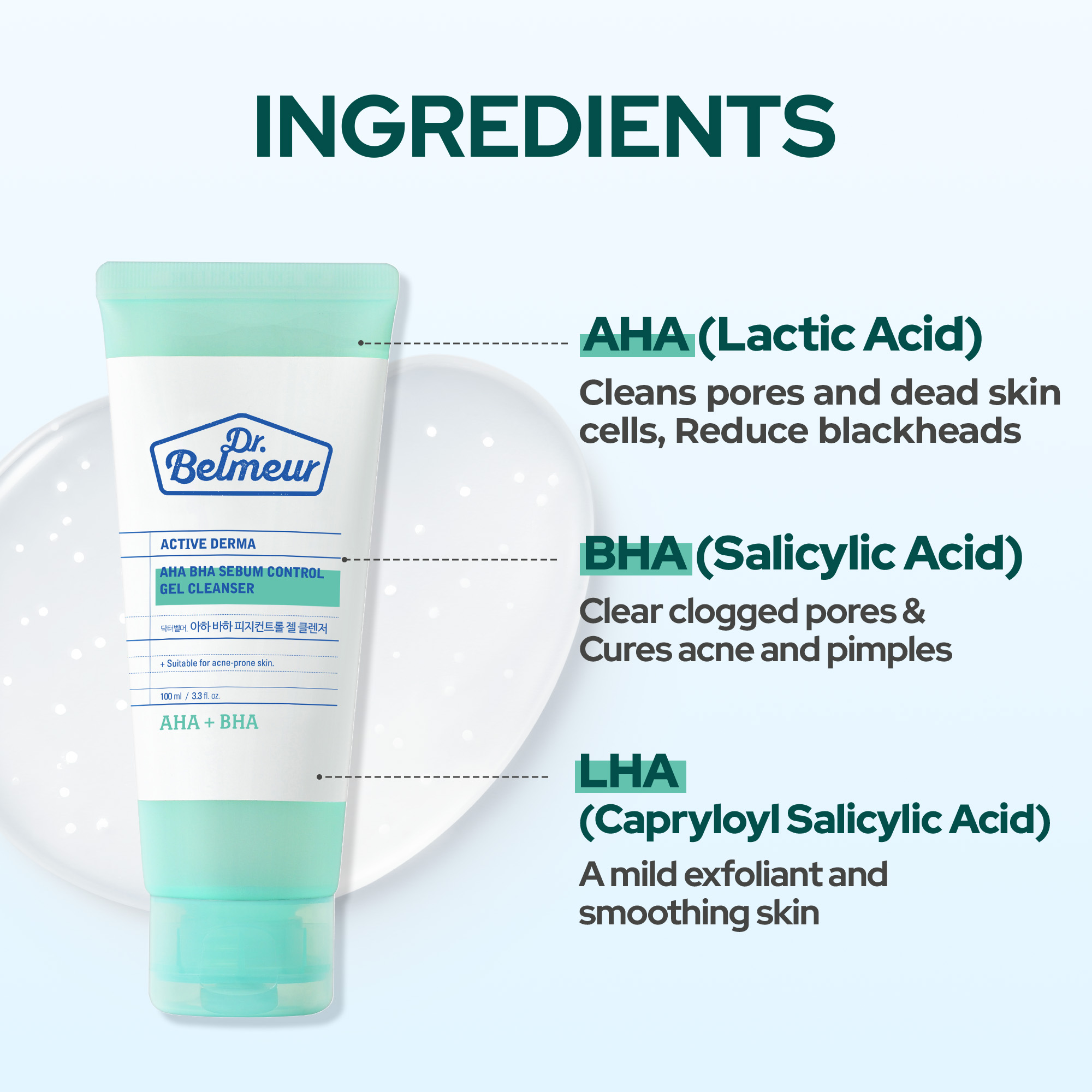 Dr. Belmeur Active Derma - AHA BHA Sebum Control Gel Cleanser for Acne ...