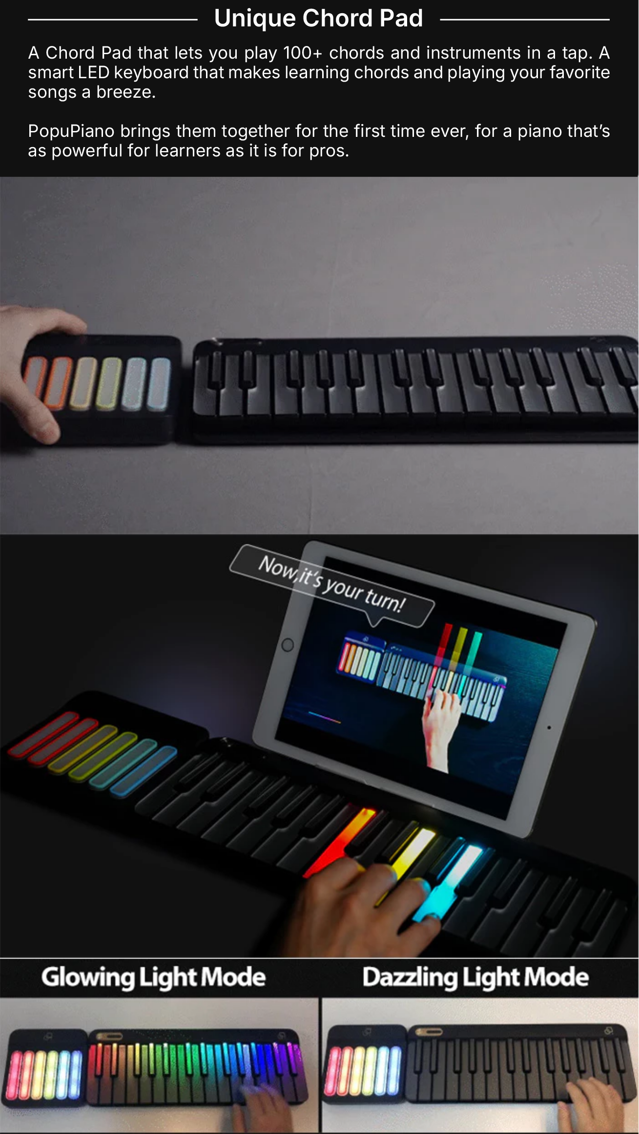 PopuPiano Smart Portable Piano - LED Light Keys Digital Keyboard Music ...