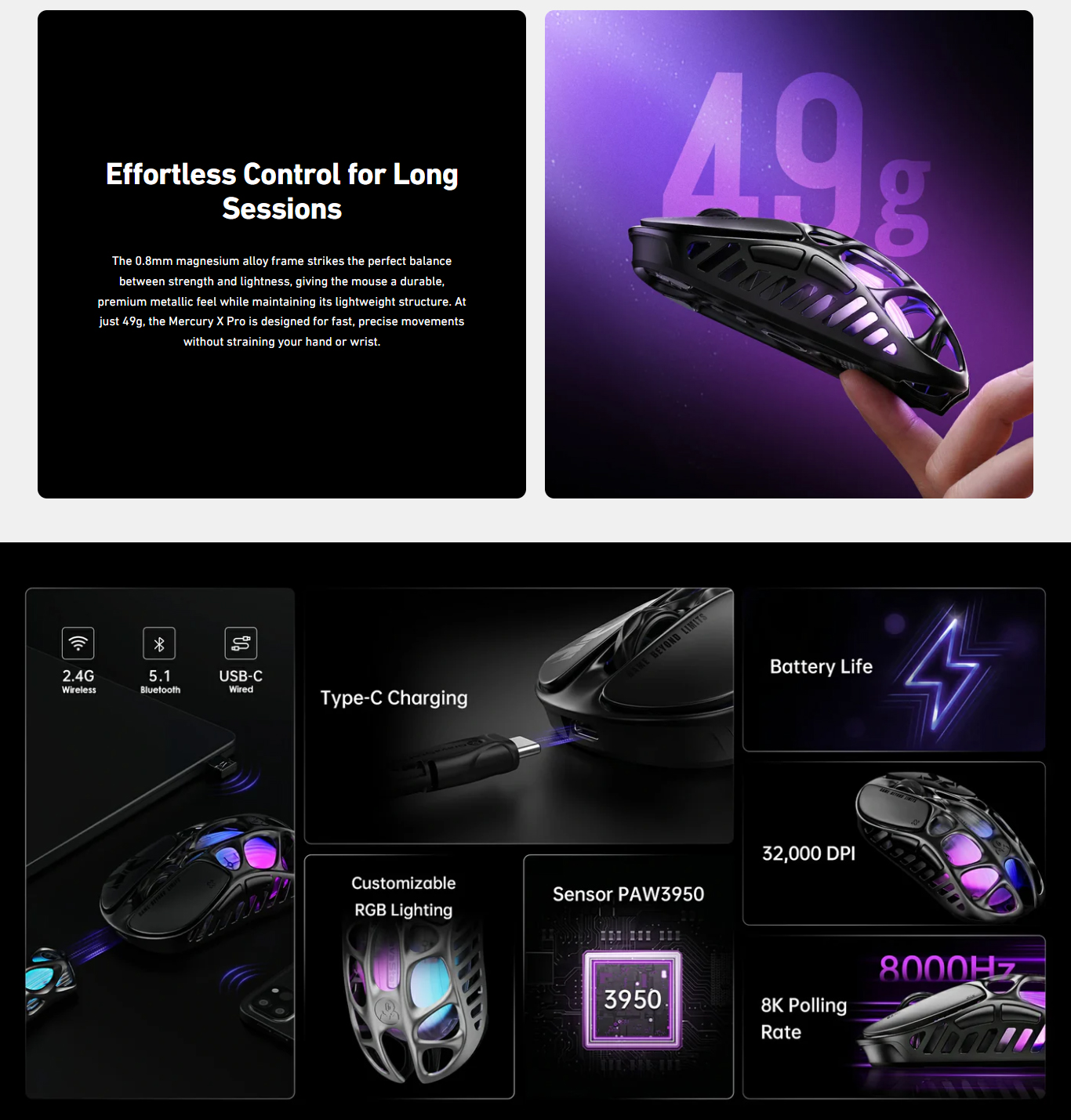 GravaStar Mercury XPro 8KHz Wireless Gaming Mouse – Ultra-Light 49g ...