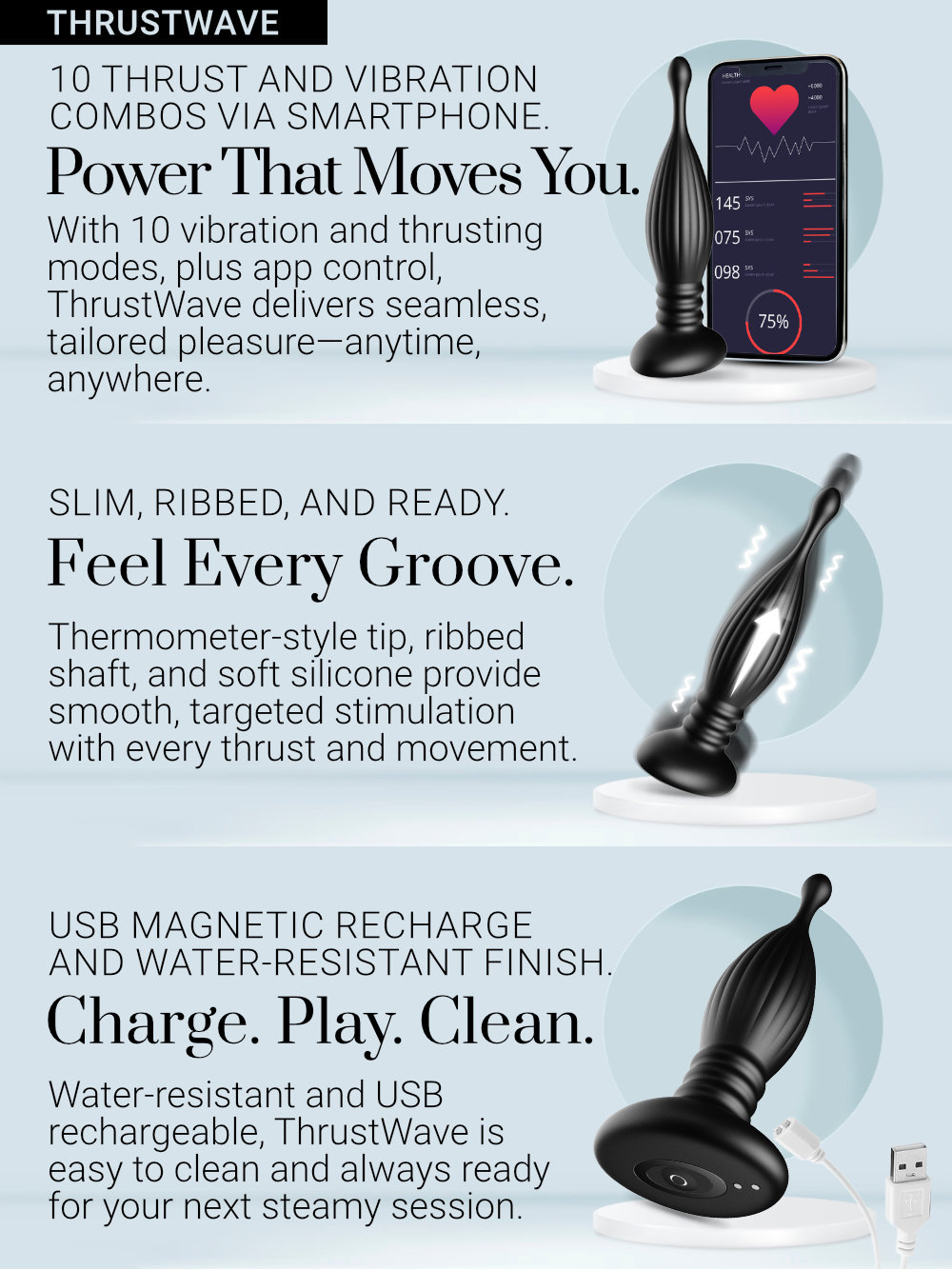 VIBRATING BUTTFUK RECHARGEABLE SILICONE ANAL WAND - BLACK main image 1