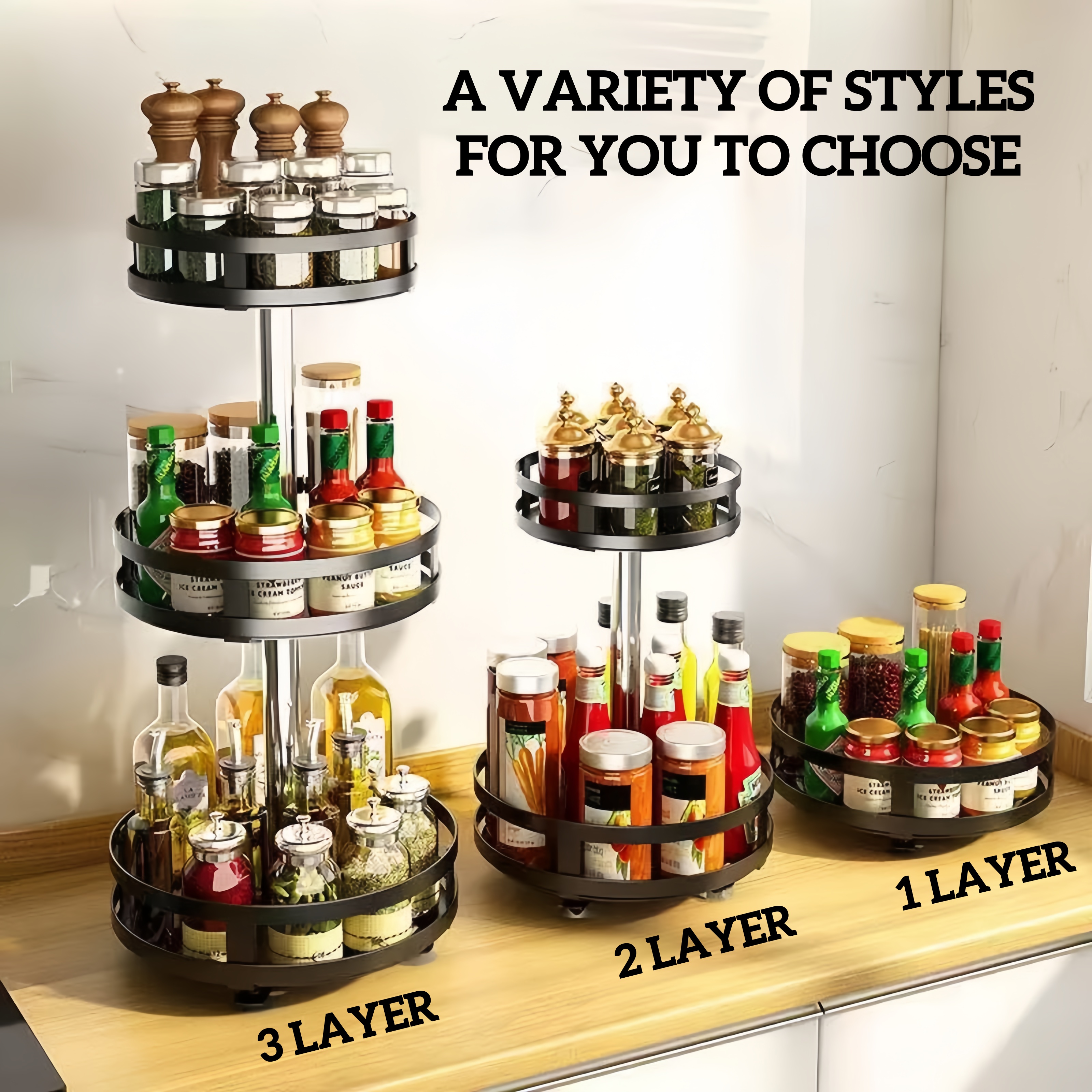 360° Rotating Spice Rack Carbon Steel Kitchen Organizer 2/3 Layer ...