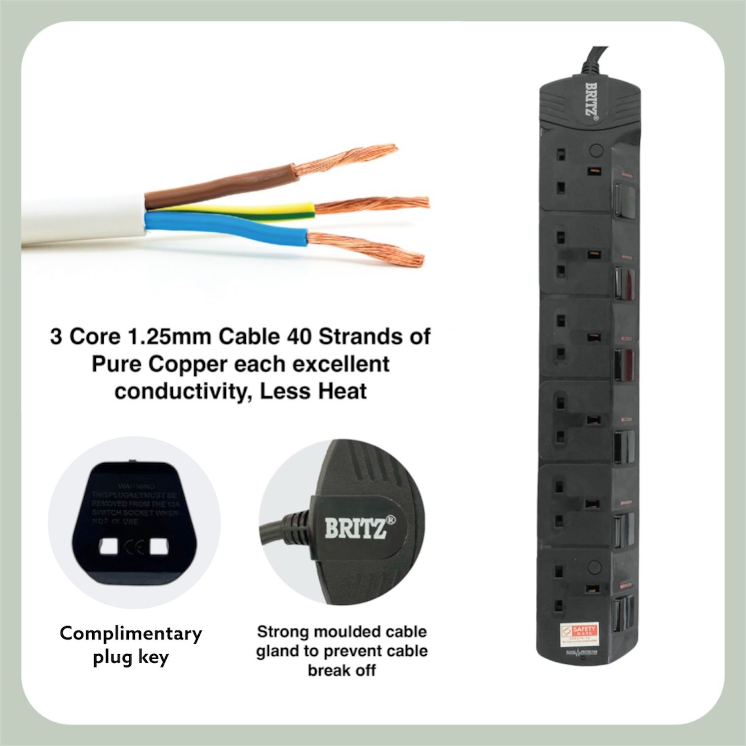 BRITZ 2M Extension Socket Cord Overload Protection ( 2 Metre ) 2/ 3/ 4 ...