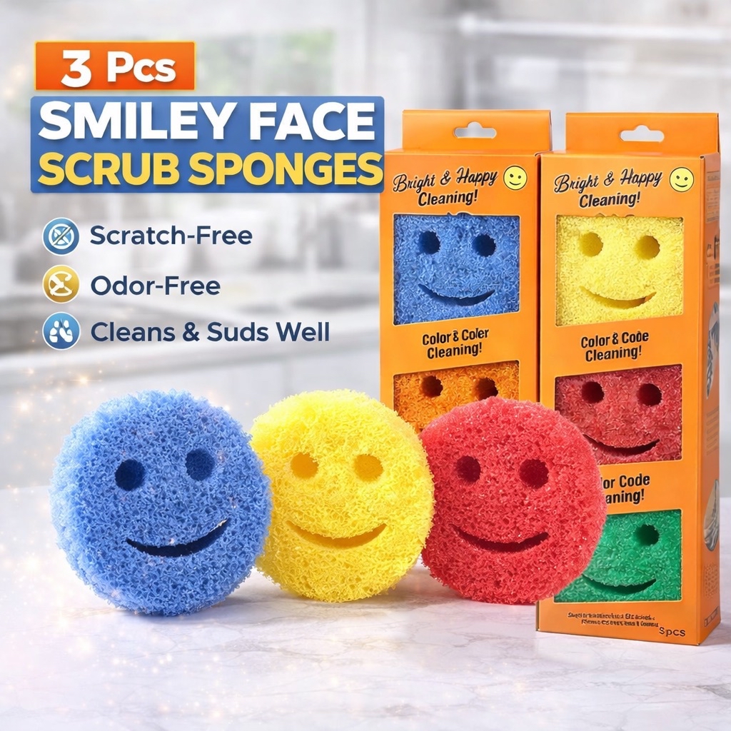(FOREVER $2) 3PCs Smiley Face Scrub Sponge Premium Quality Versatile ...