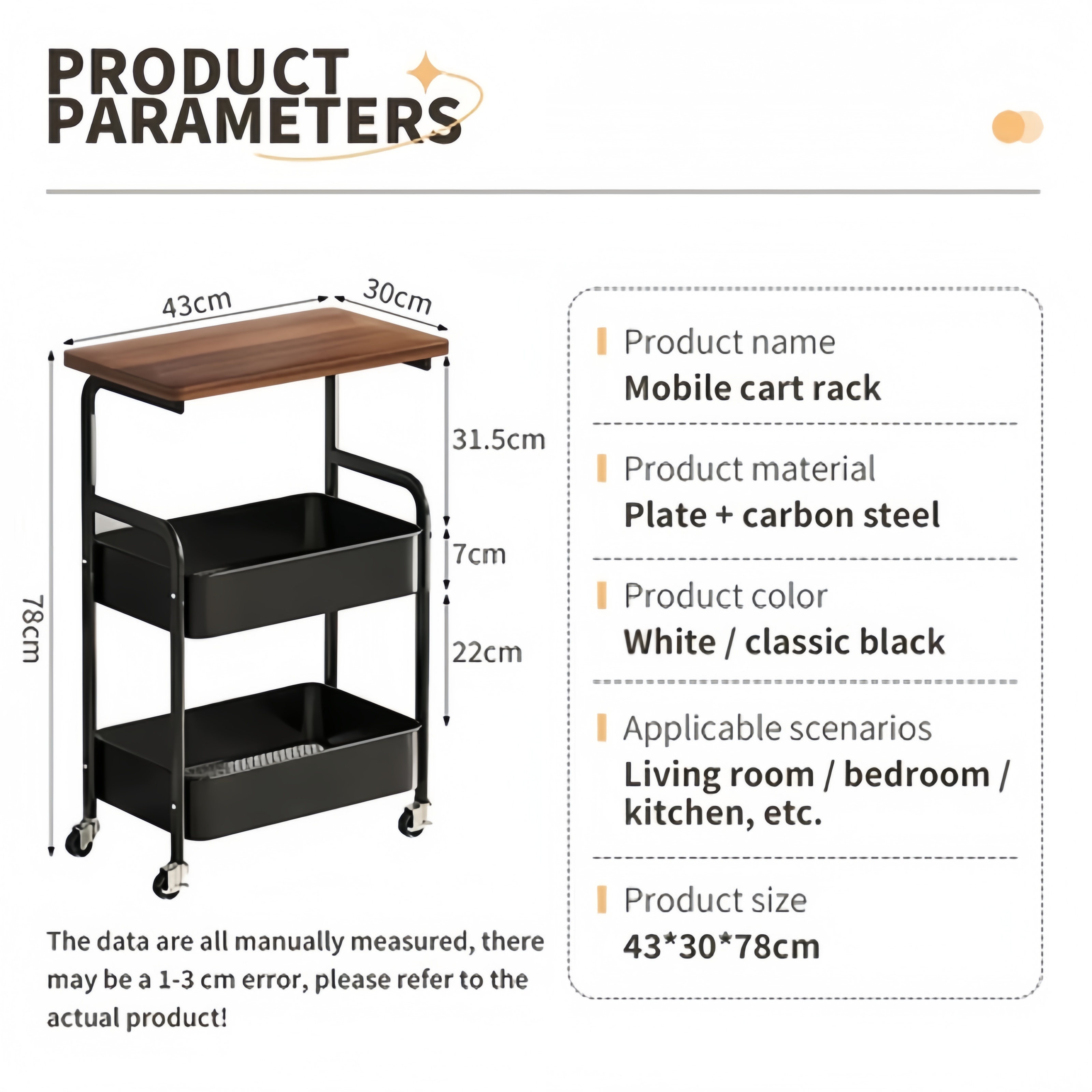 Wood Trolley Cart Storage Rack with Wheels 3-Tier Rolling Organizer ...