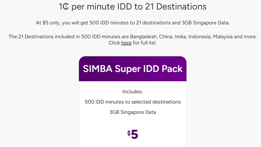 TPG / Simba Prepaid $5 Super IDD Pack Add-on 500 IDD Mins to 21 ...