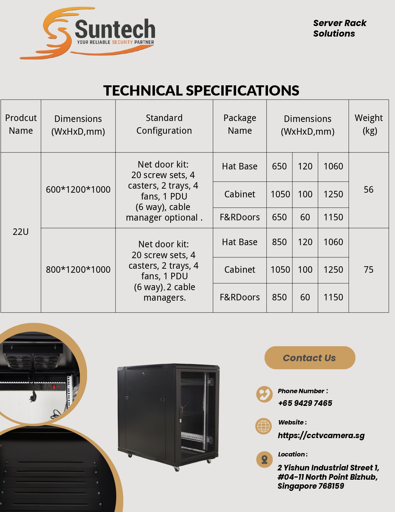 TC-22U-800N / 22u Server Rack (800x1000x1200) With PDU, Server Trays ...