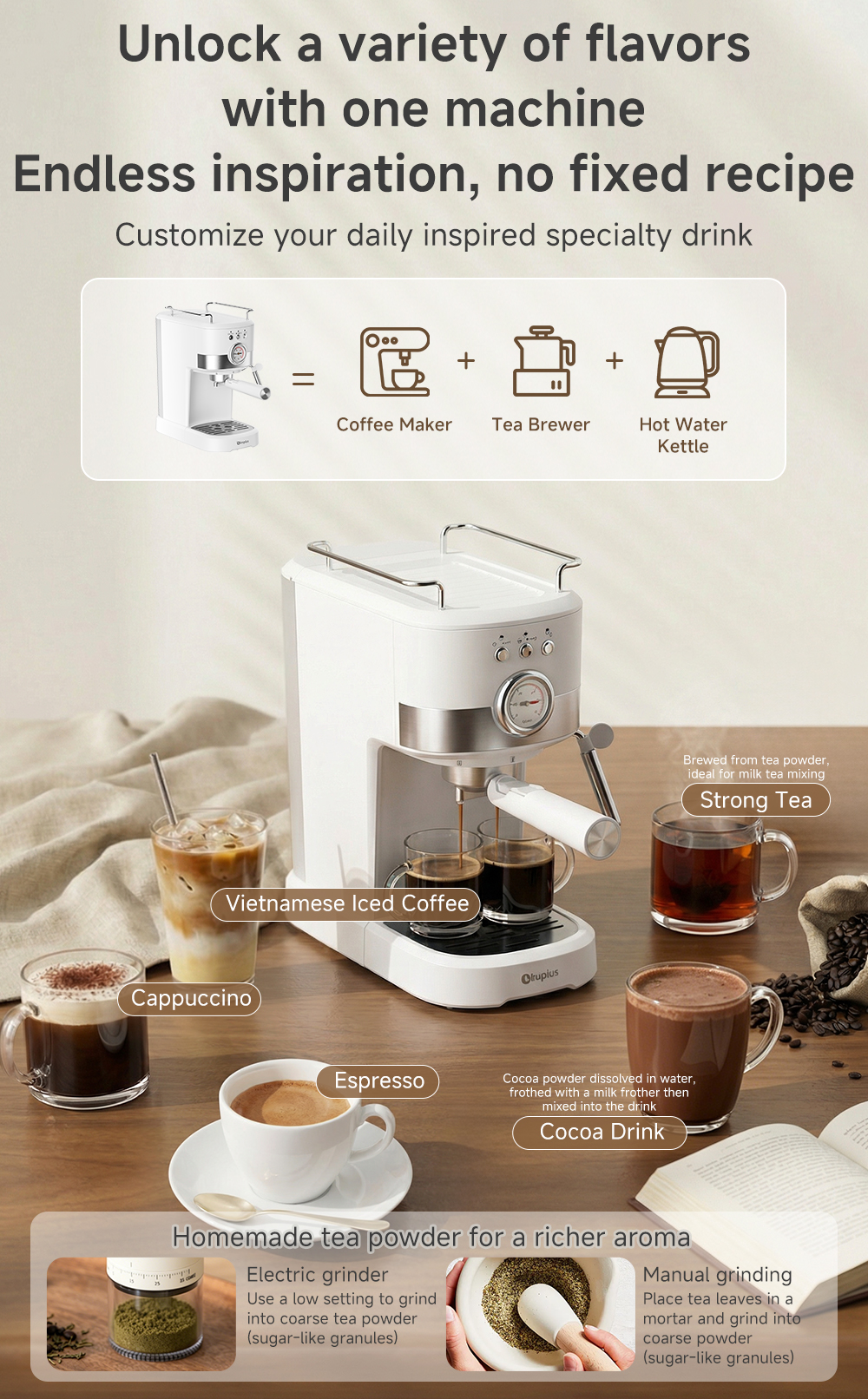 Simplus 3-in-1 Coffee Maker | 15 Bar | Milk Foaming | Dual Cup Extract ...