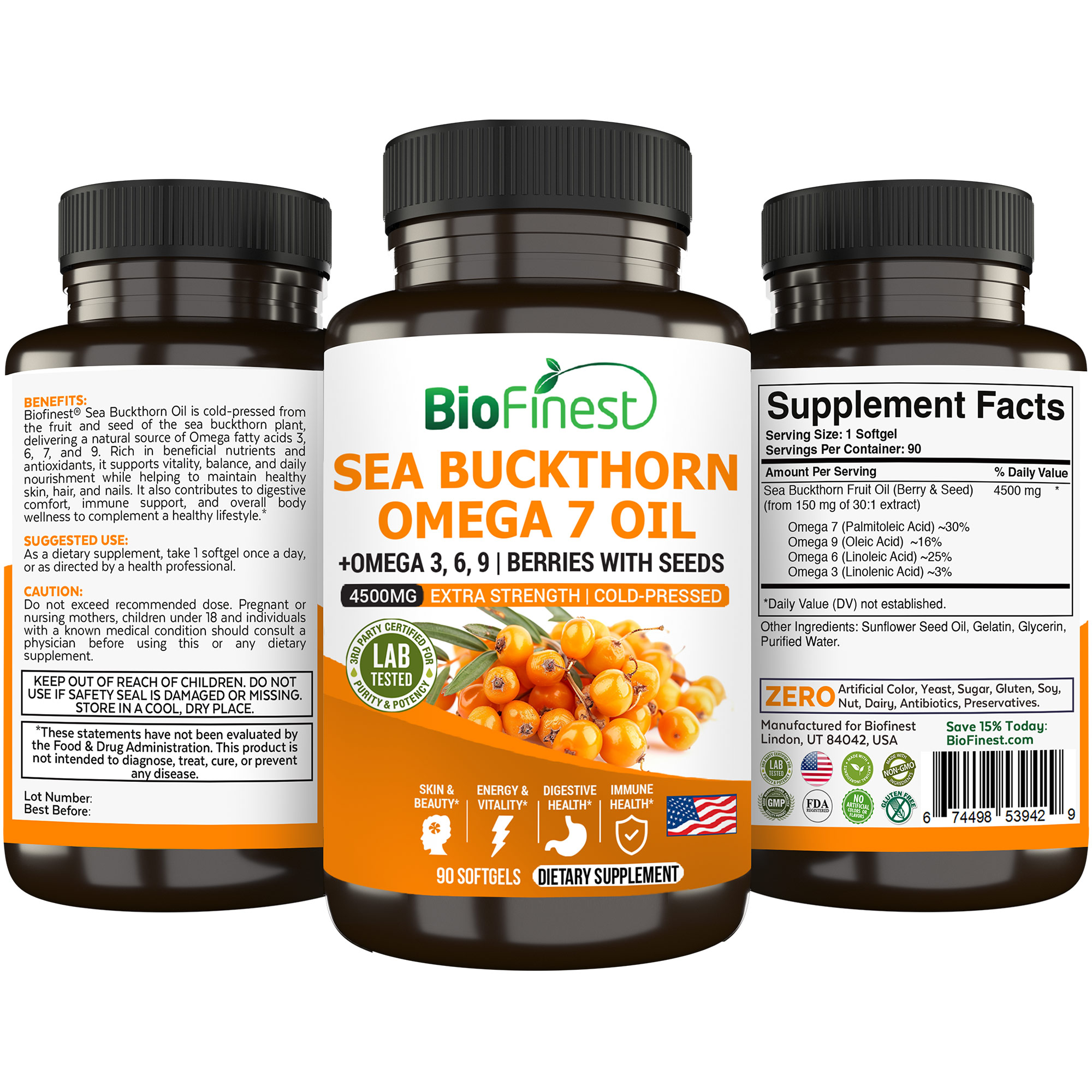 Biofinest Sea Buckthorn Omega 7 Oil 4500mg Supplement (90s) | Shopee ...