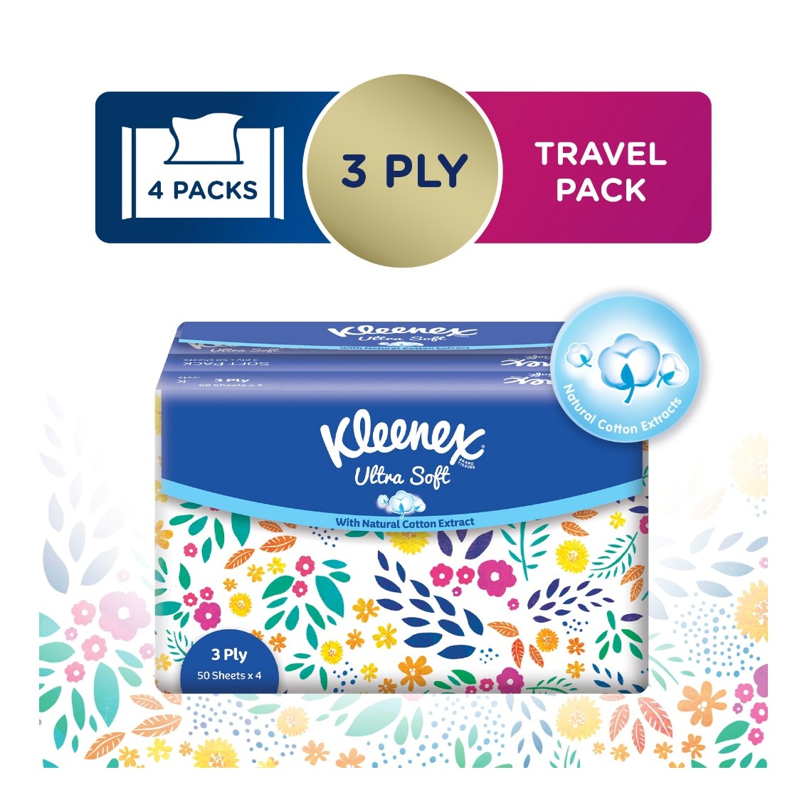 Kleenex Ultra Soft 3 Ply Facial Tissues Soft Pack 50 sheets x 4 packs ...