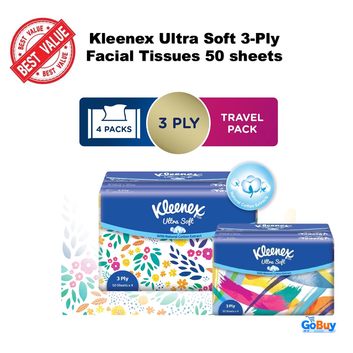 Kleenex Ultra Soft 3 Ply Facial Tissues Soft Pack 50 sheets x 4 packs ...