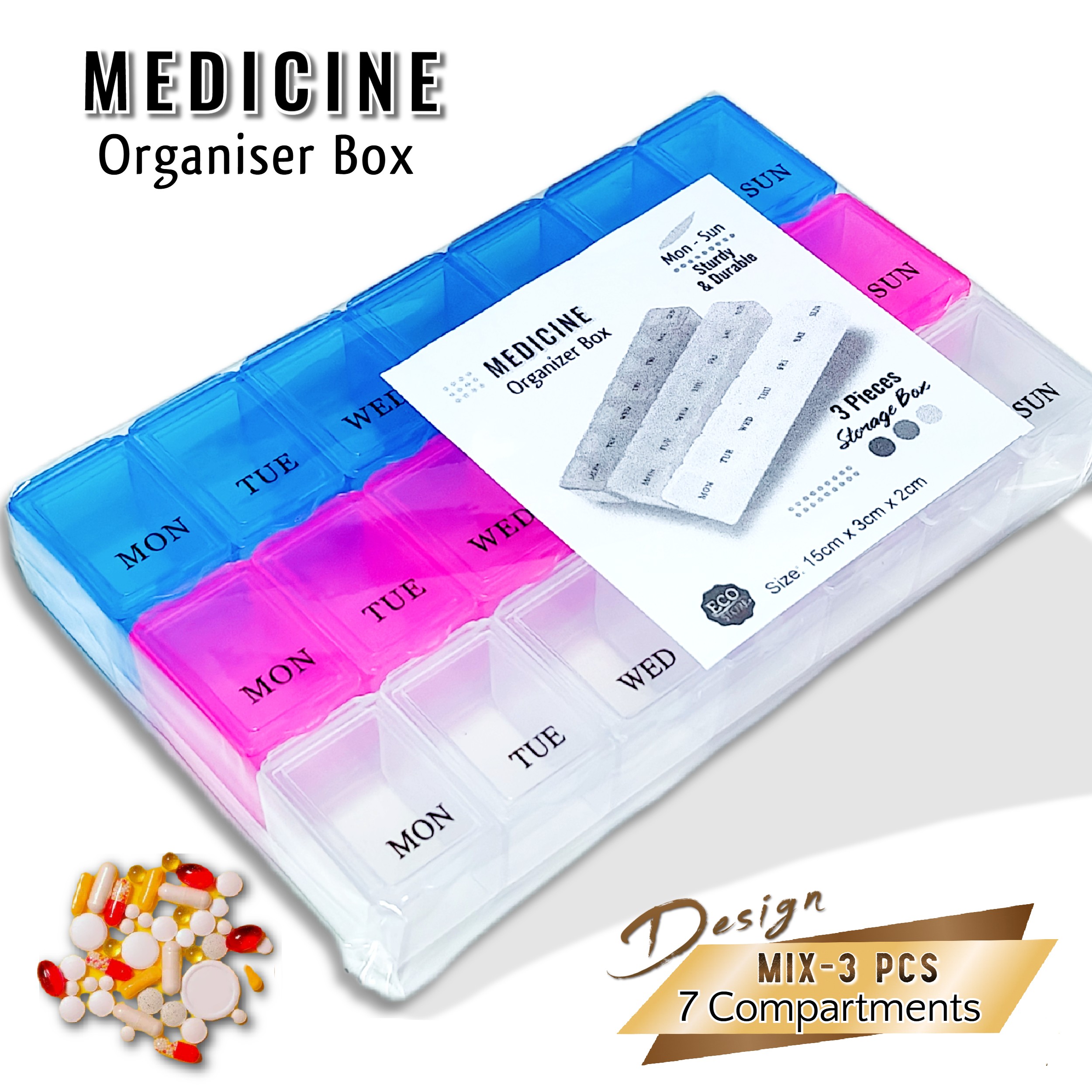 Eco-Store [Bundle of 3/6] Medicine Box Pill Organizer (7 Compartments ...
