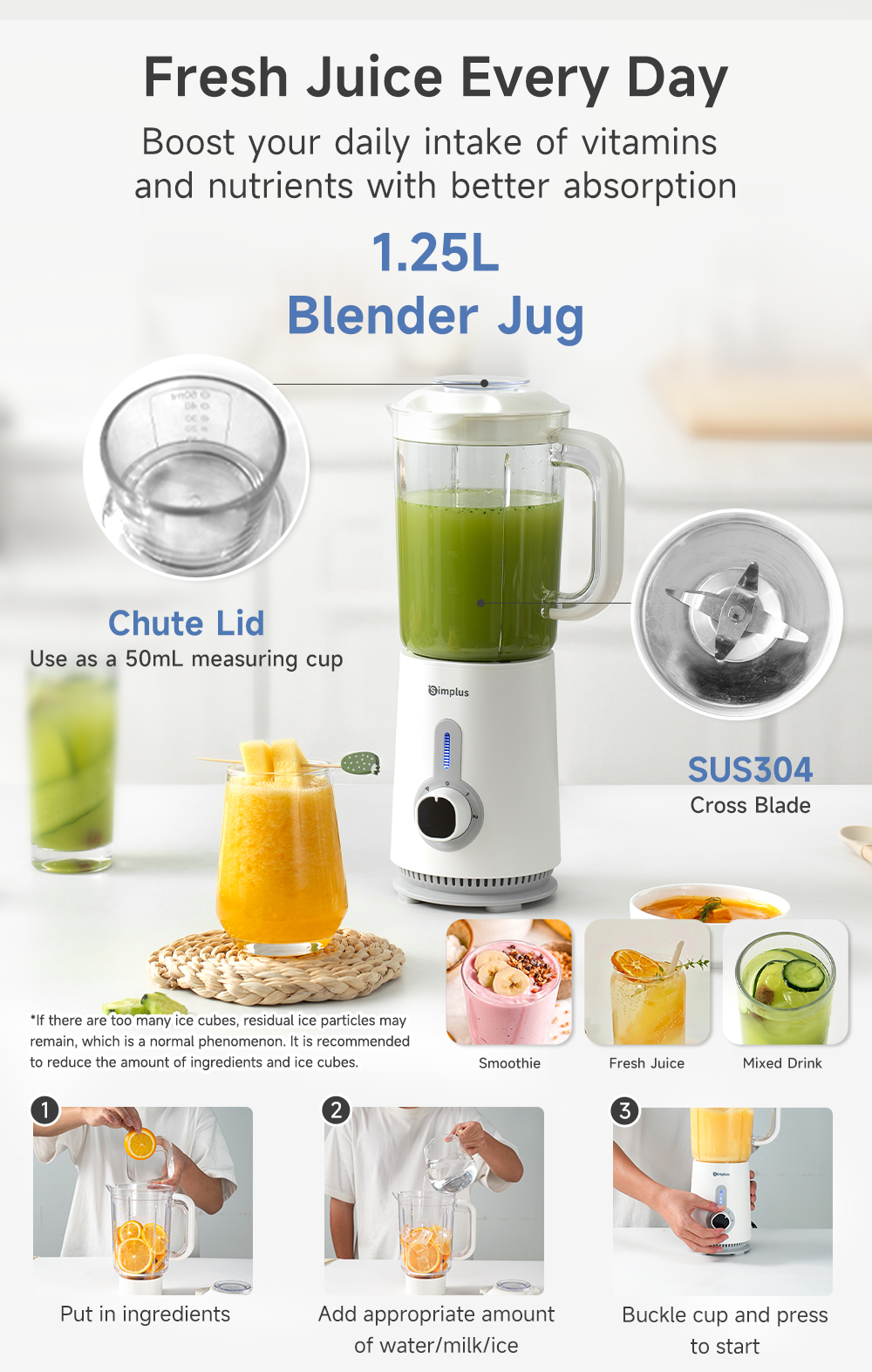 Simplus Multi-functional Blender | 1.25L+1L Large Jugs | 380W Copper ...