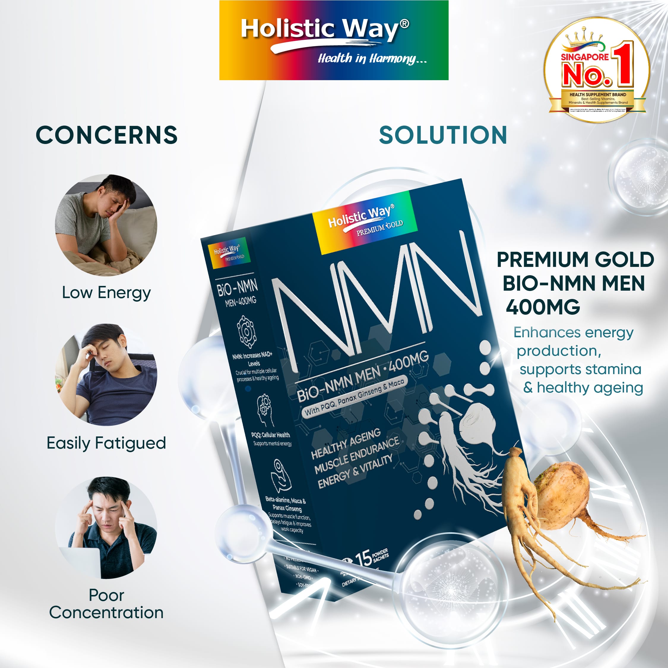 Holistic Way Premium Gold Bio-NMN Men 400mg - 3.5g x 15 Powder Sachets ...