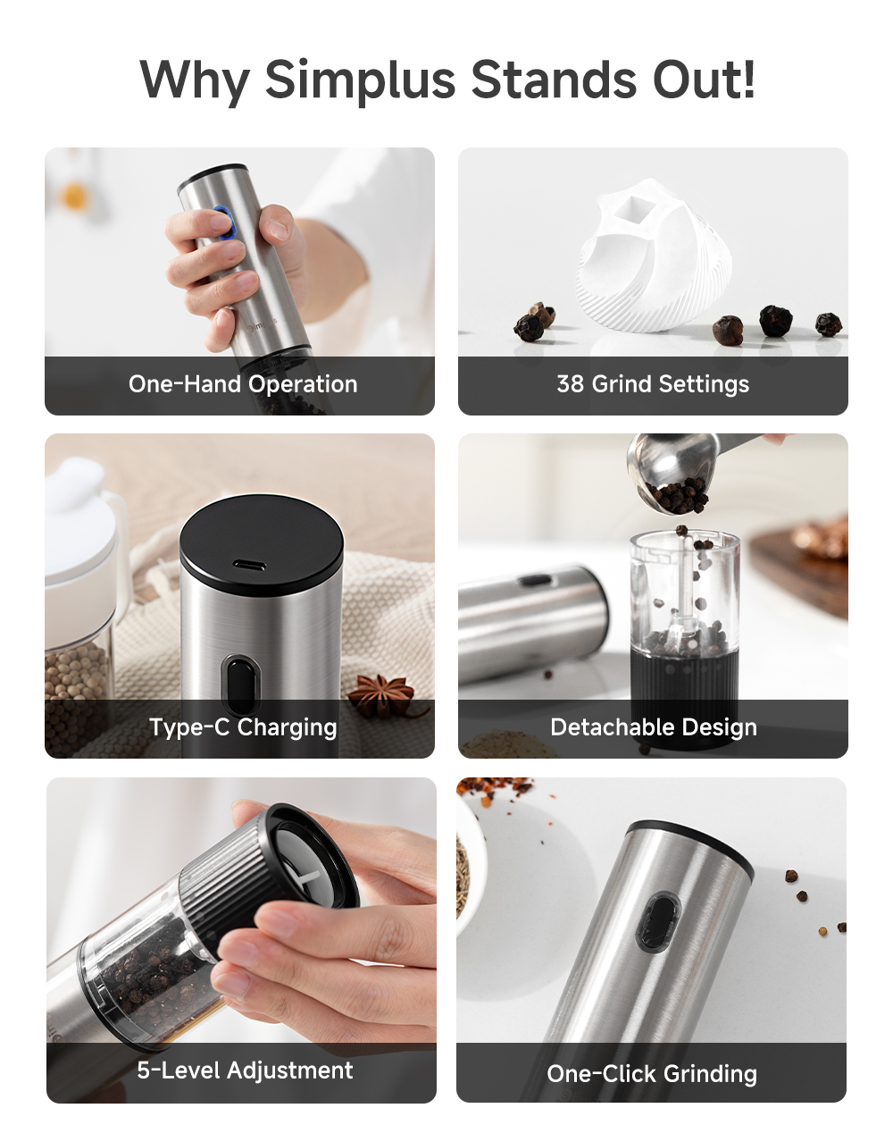Simplus Electric Salt and Pepper Grinder | 5 Levels Adjustment | Type-C ...
